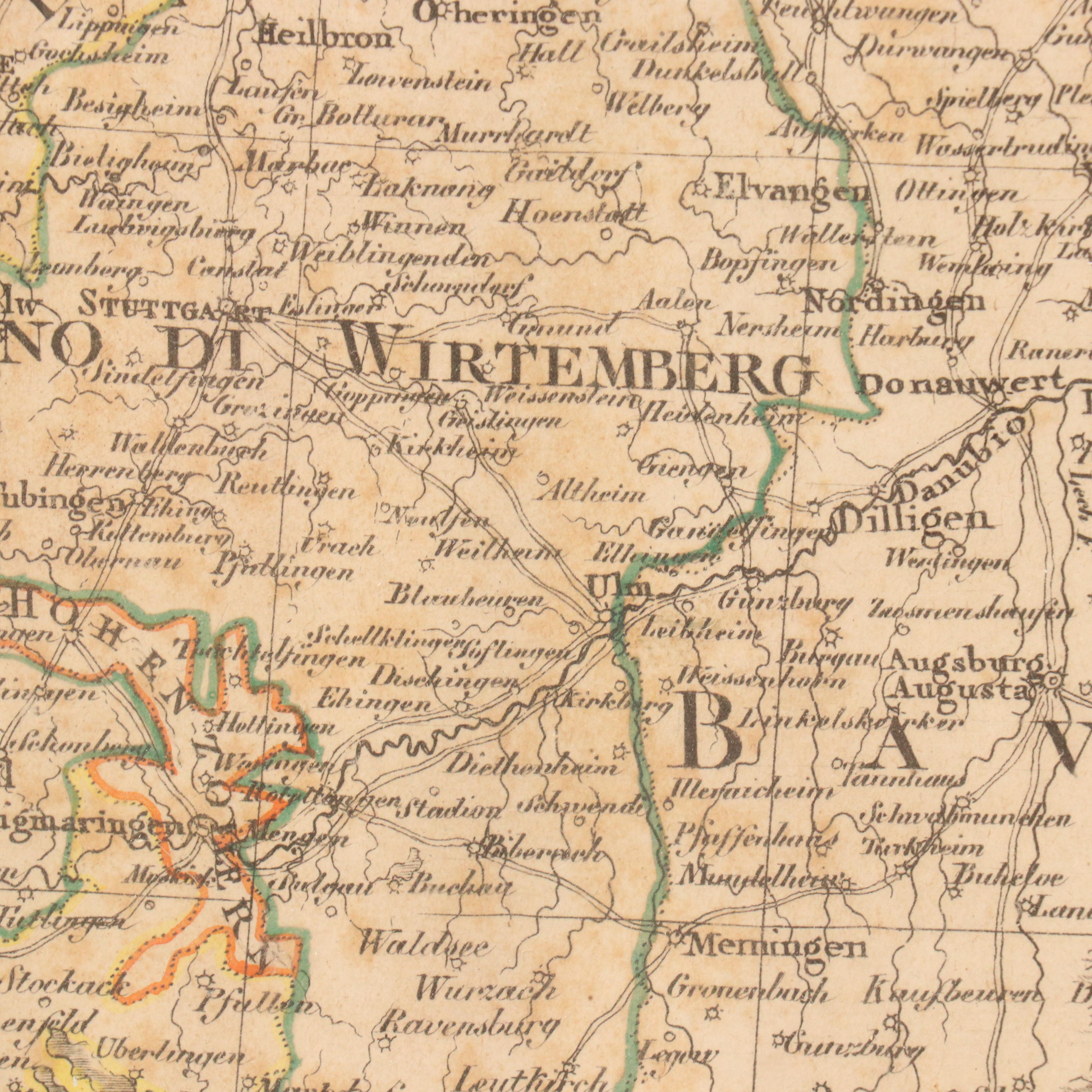 Hand-Colored Engraving Map of Southern Germany, 19th Century