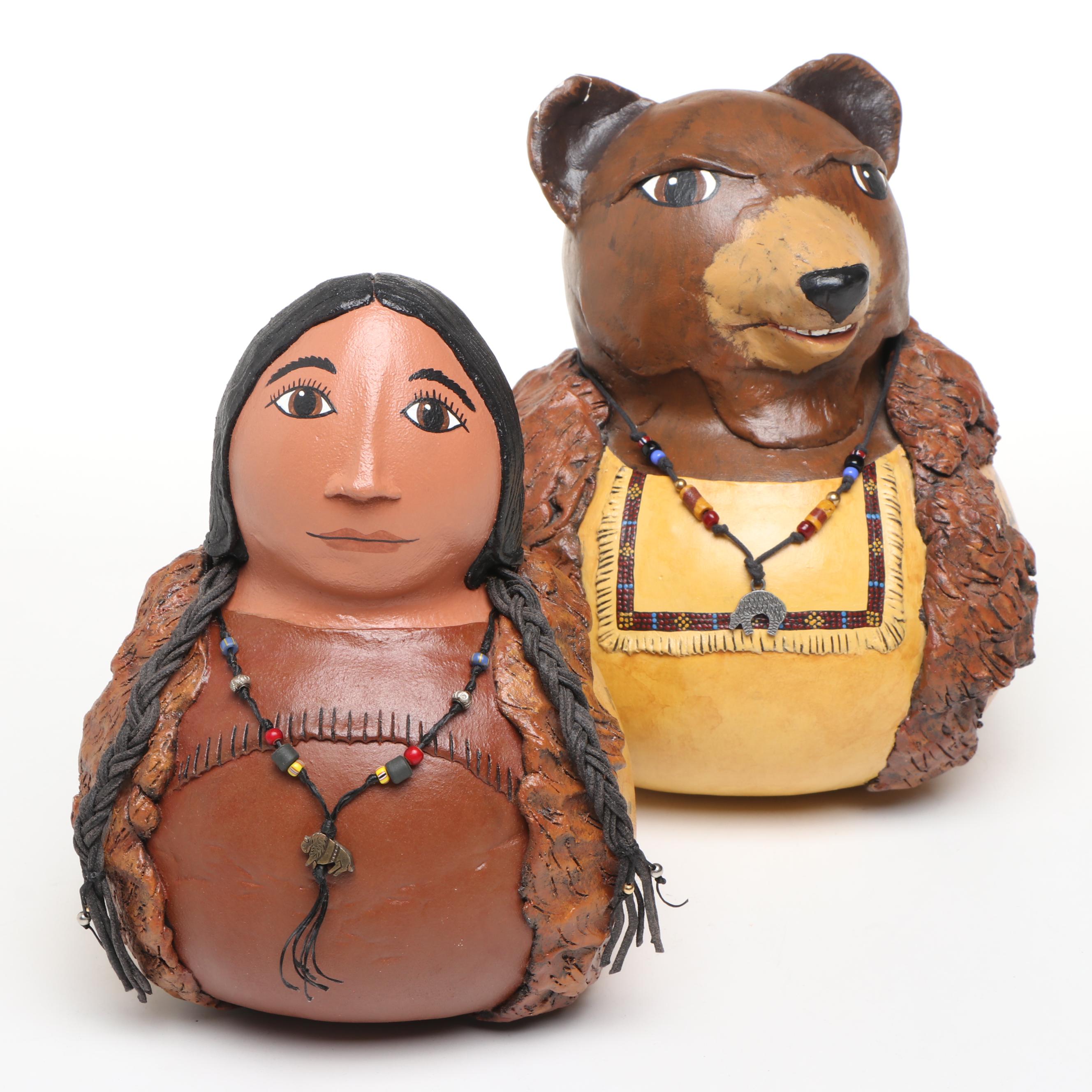 Rose M. Wylie Signed Indigenous Woman and Bear Gourd Art Figures
