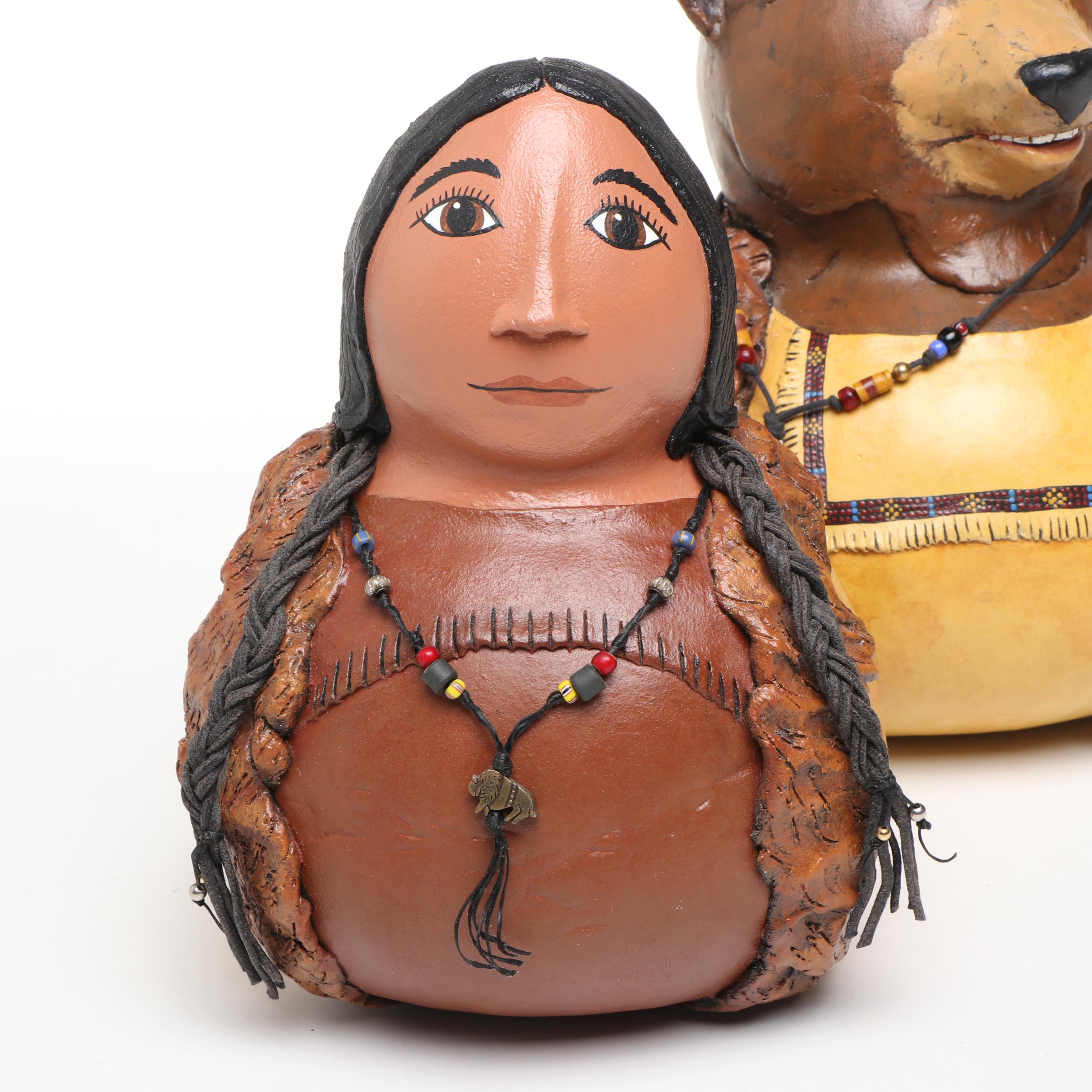 Rose M. Wylie Signed Indigenous Woman and Bear Gourd Art Figures