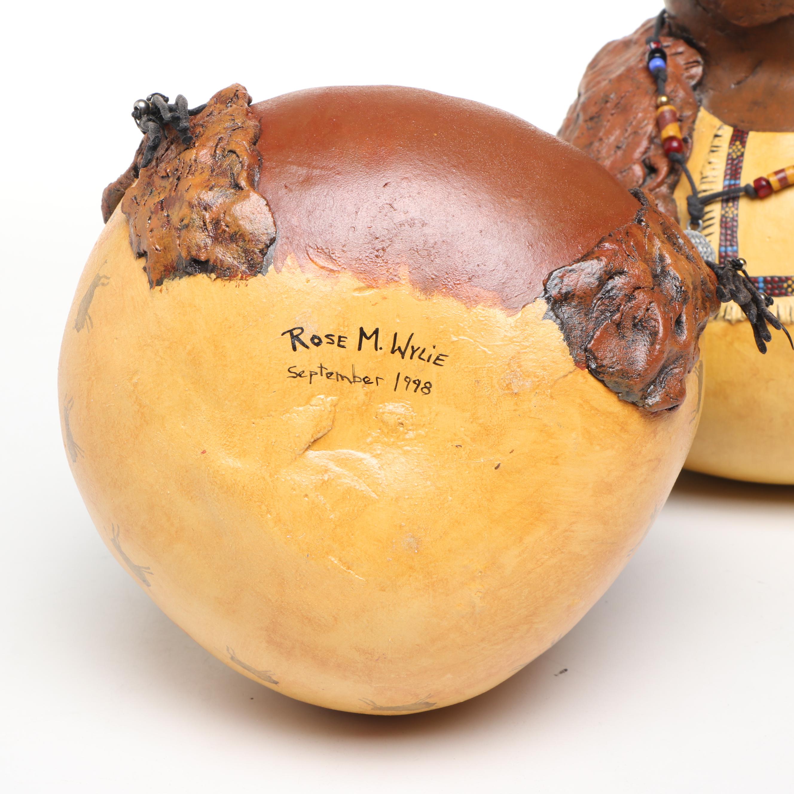 Rose M. Wylie Signed Indigenous Woman and Bear Gourd Art Figures
