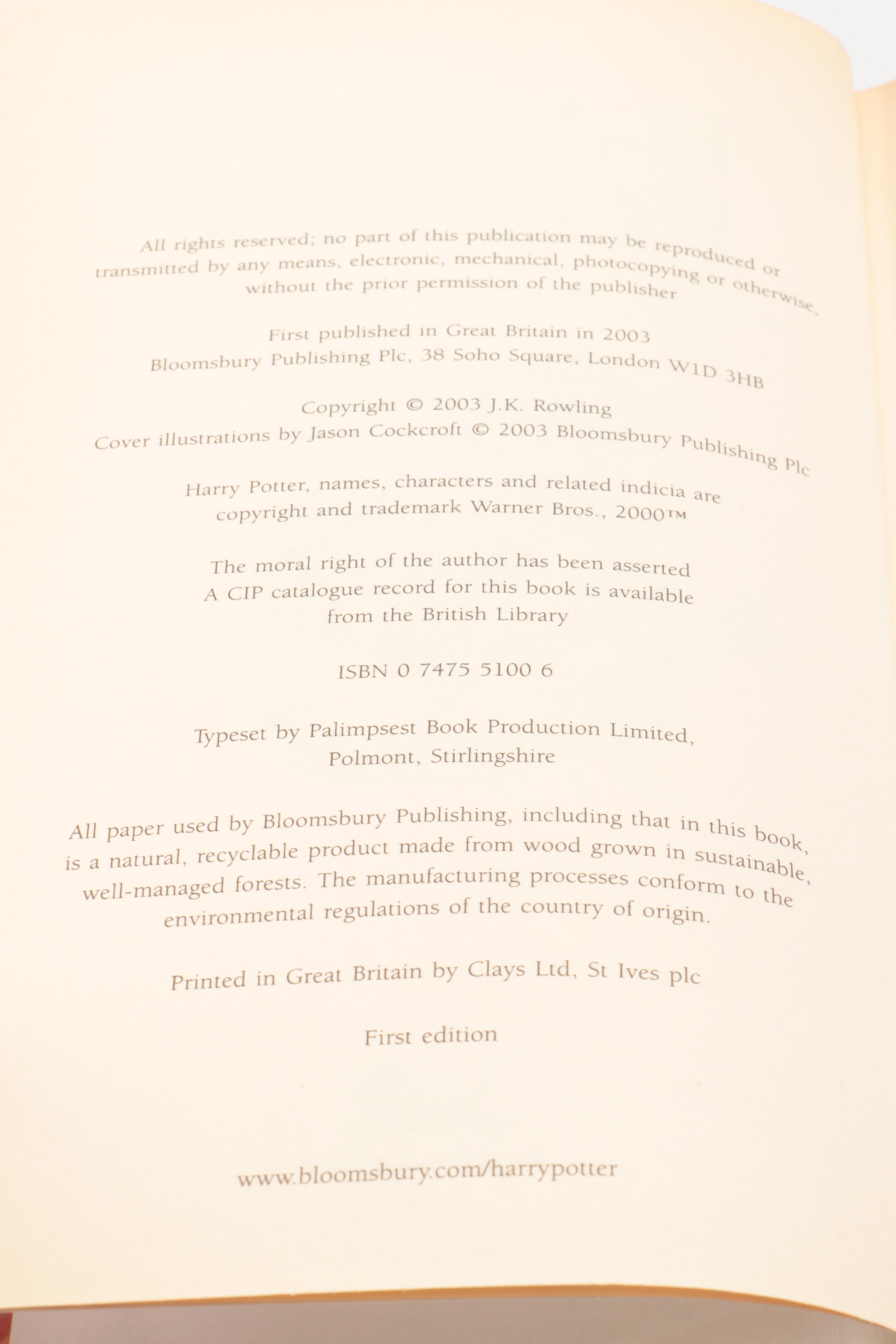 First UK Edition "Harry Potter and the Order of the Phoenix" by J. K. Rowling