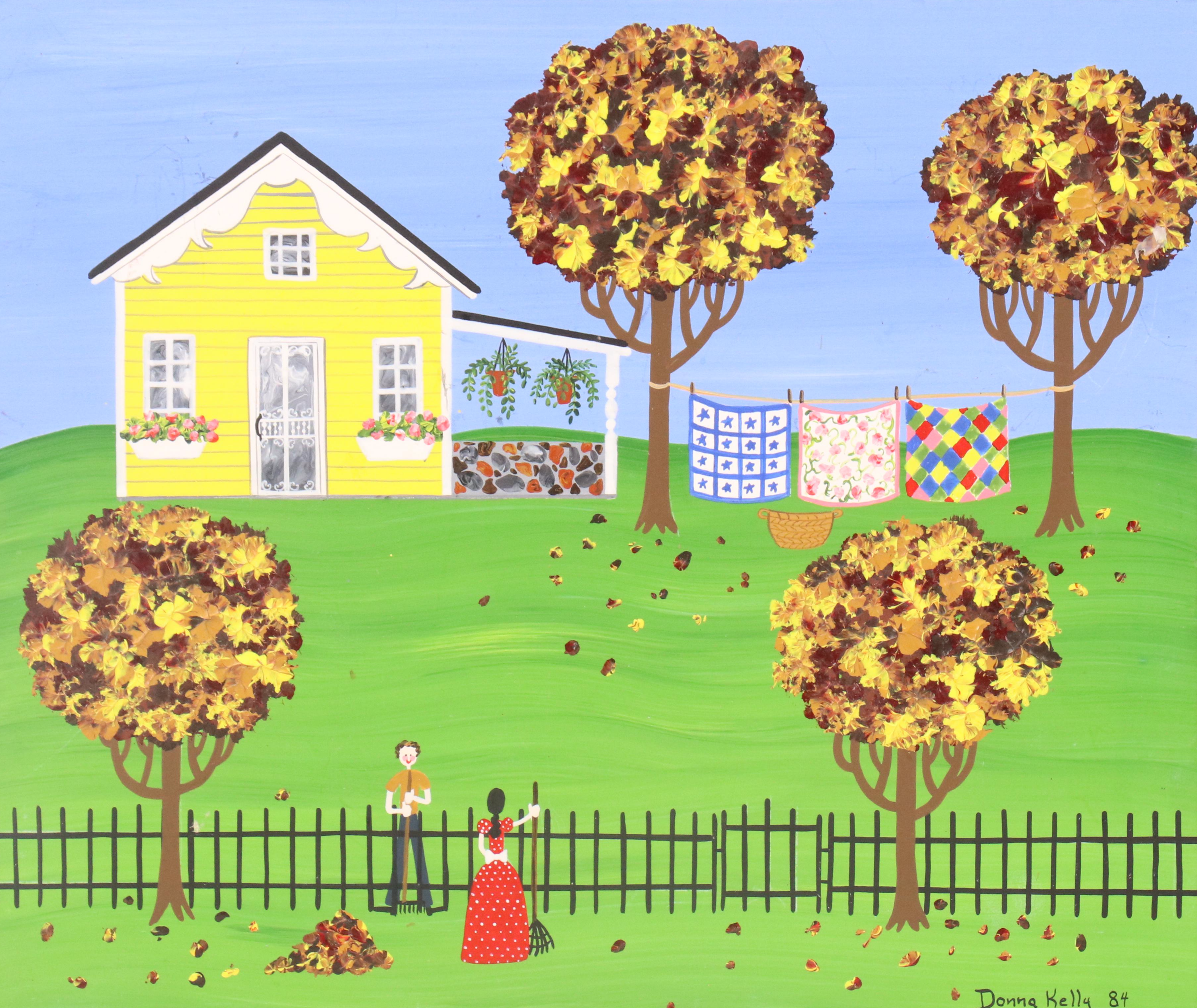 Donna Kelly Stylized Landscape Oil Painting with Outdoor Clothesline Scene, 1984