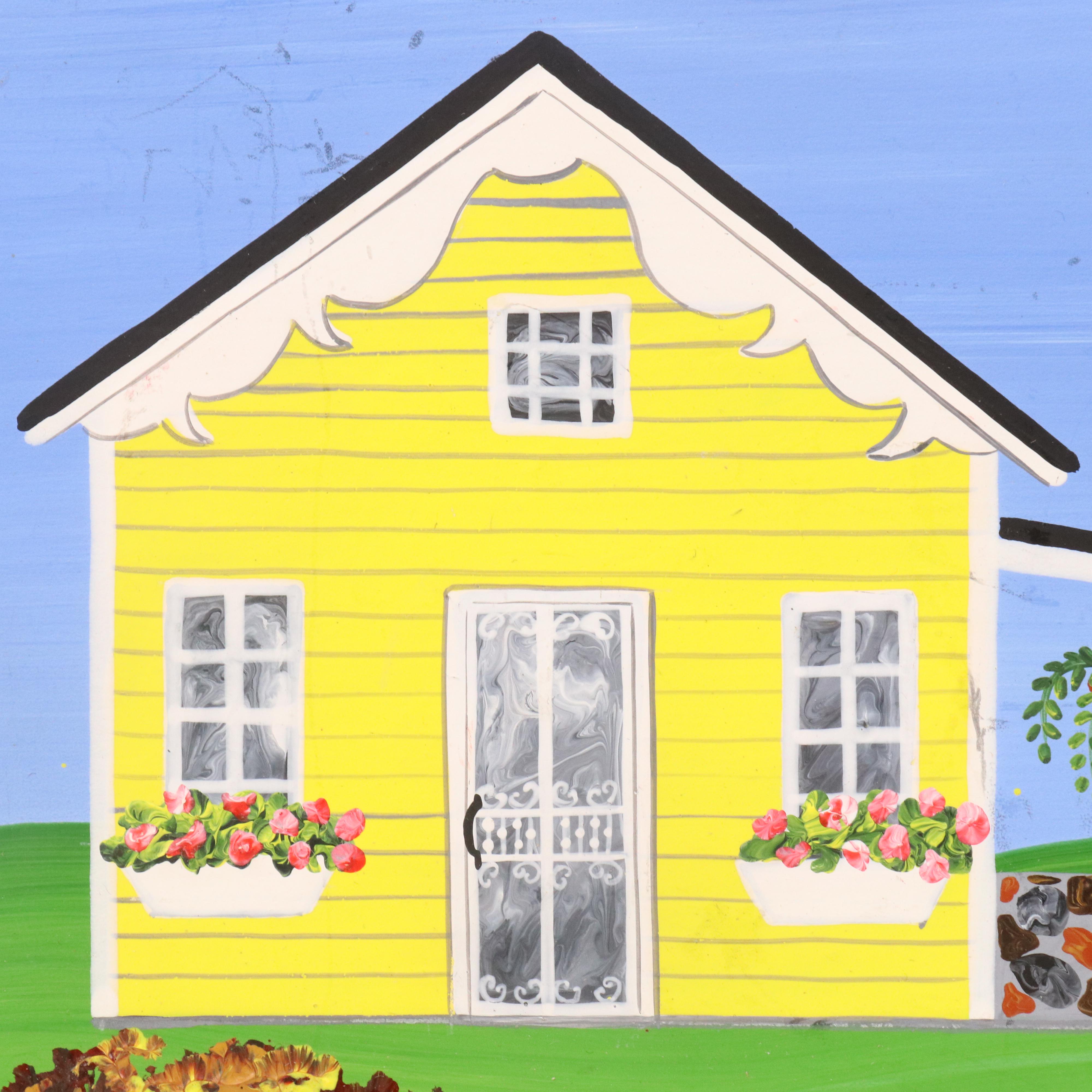 Donna Kelly Stylized Landscape Oil Painting with Outdoor Clothesline Scene, 1984