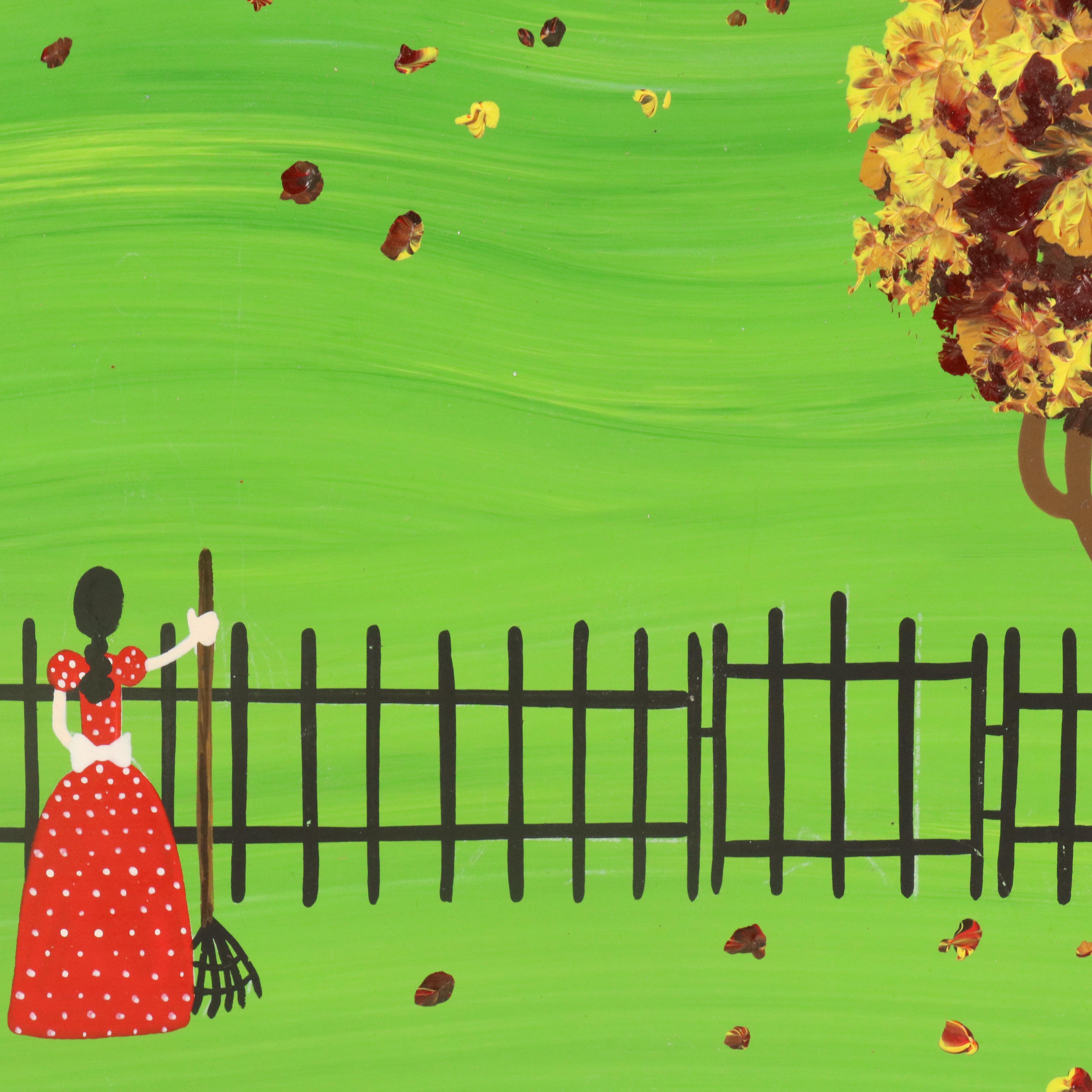 Donna Kelly Stylized Landscape Oil Painting with Outdoor Clothesline Scene, 1984