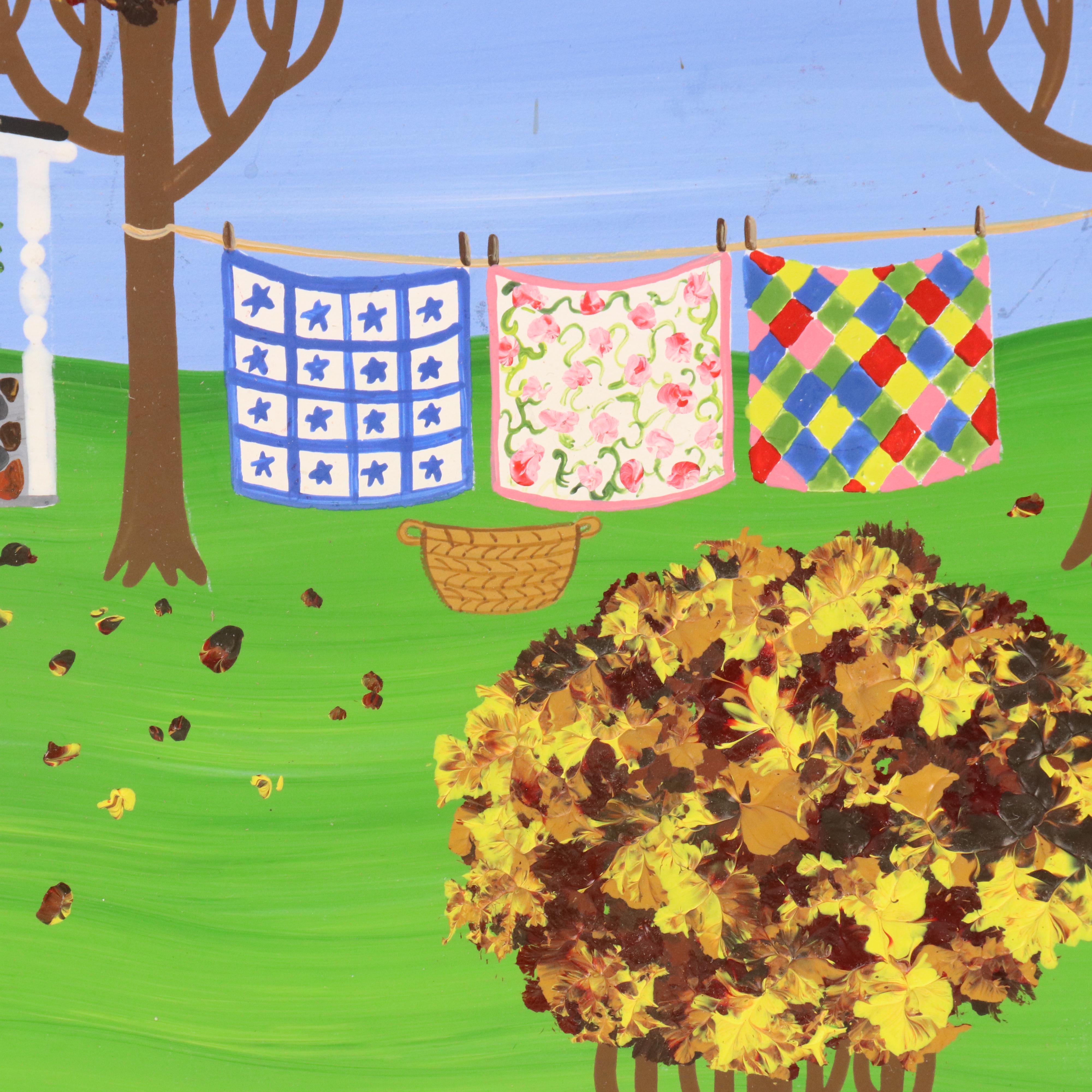 Donna Kelly Stylized Landscape Oil Painting with Outdoor Clothesline Scene, 1984