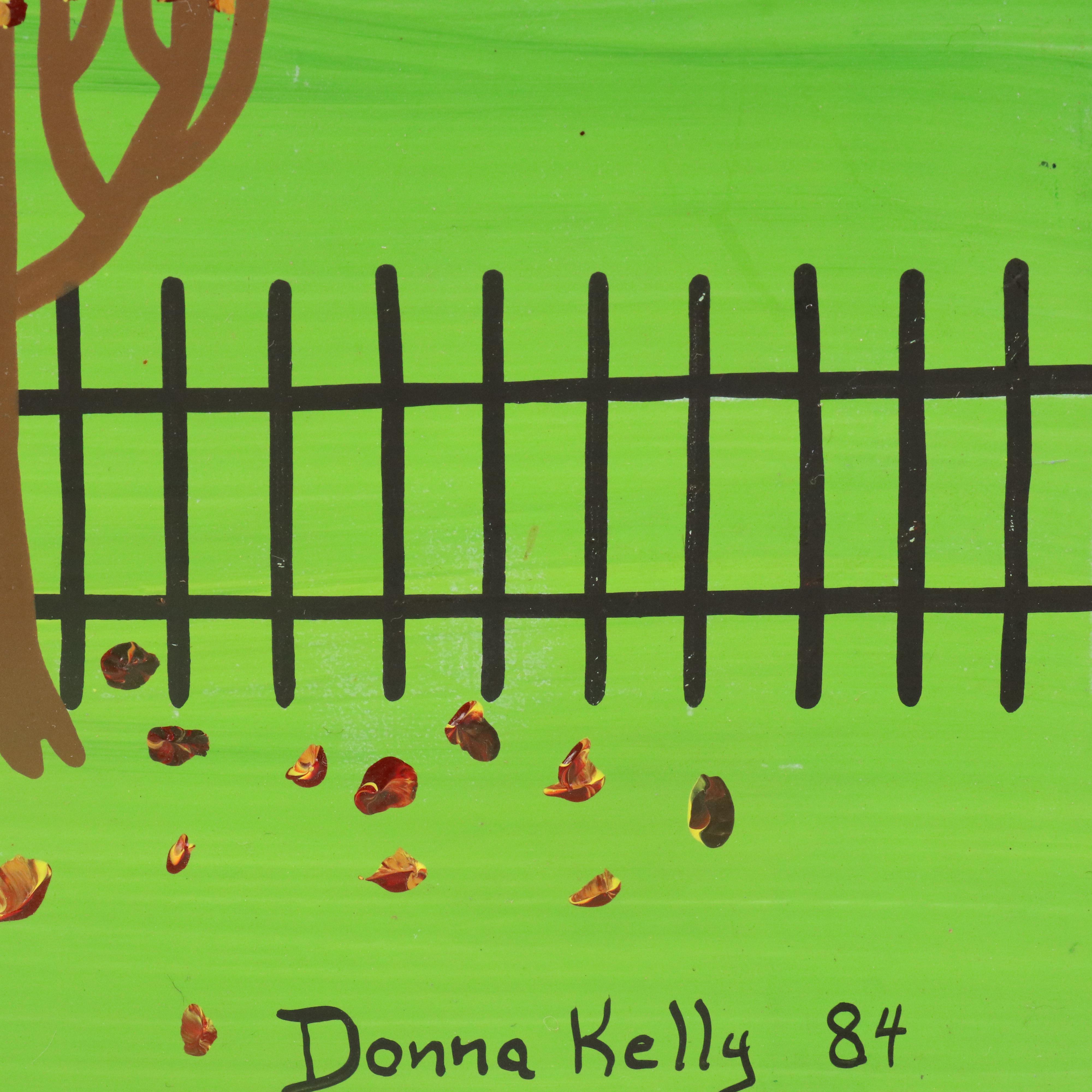 Donna Kelly Stylized Landscape Oil Painting with Outdoor Clothesline Scene, 1984