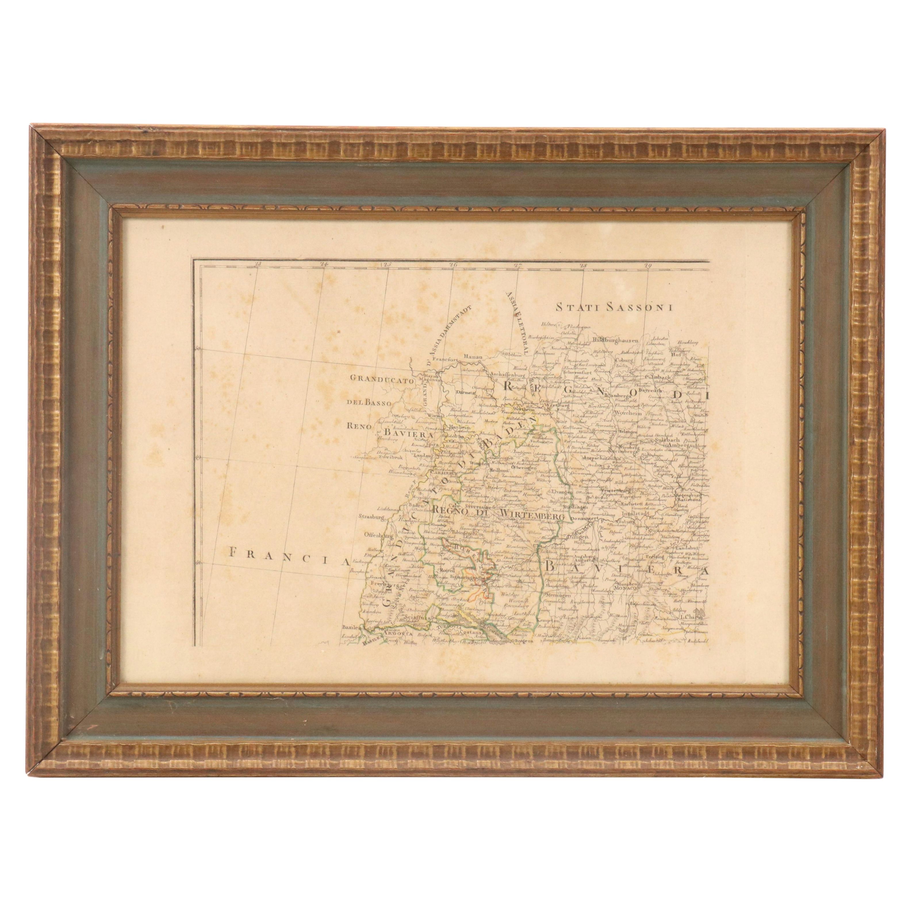 Hand-Colored Engraving Map of Southern Germany, 19th Century