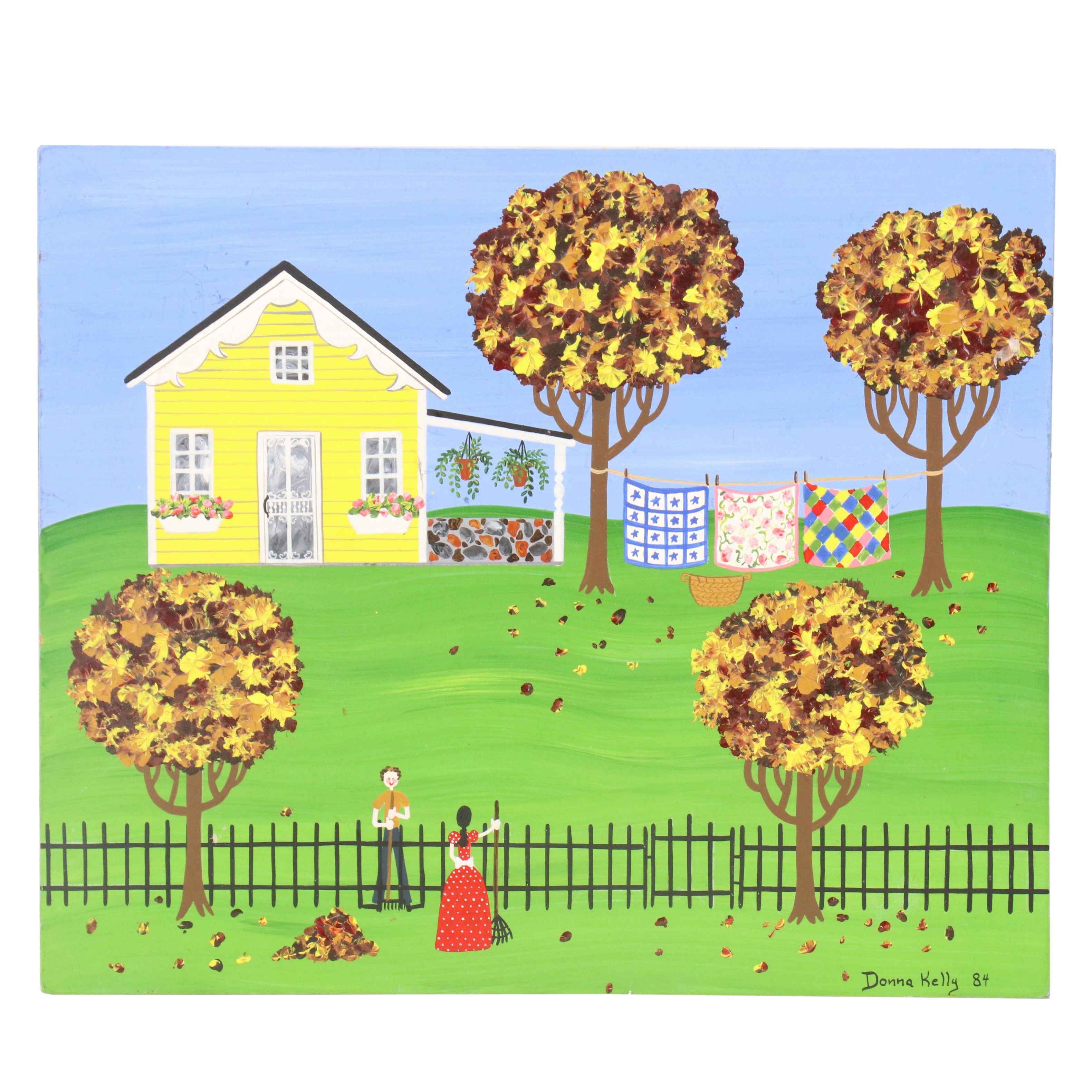 Donna Kelly Stylized Landscape Oil Painting with Outdoor Clothesline Scene, 1984