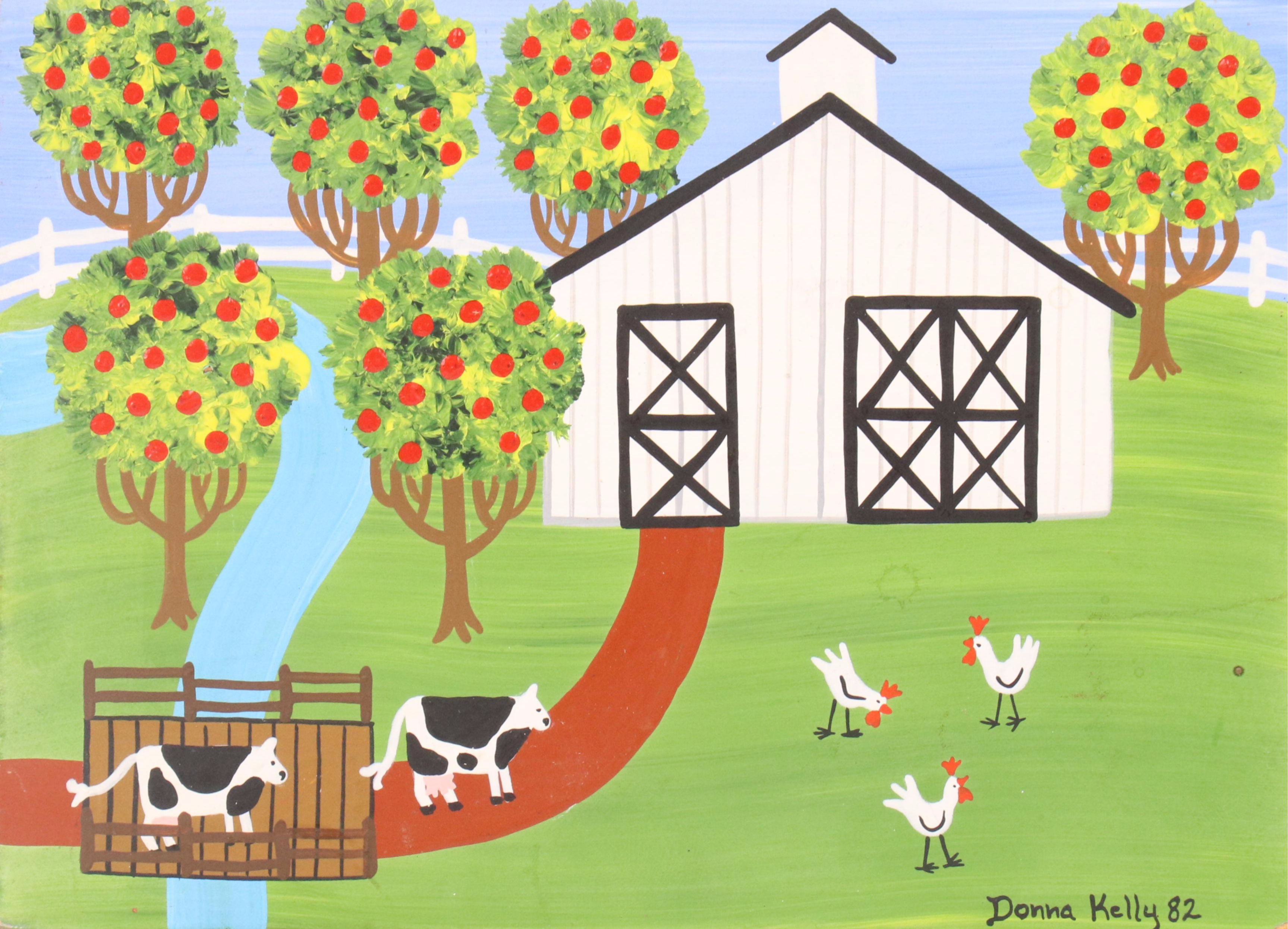 Donna Kelly Stylized Landscape Oil Painting with Barnyard Scene, 1982