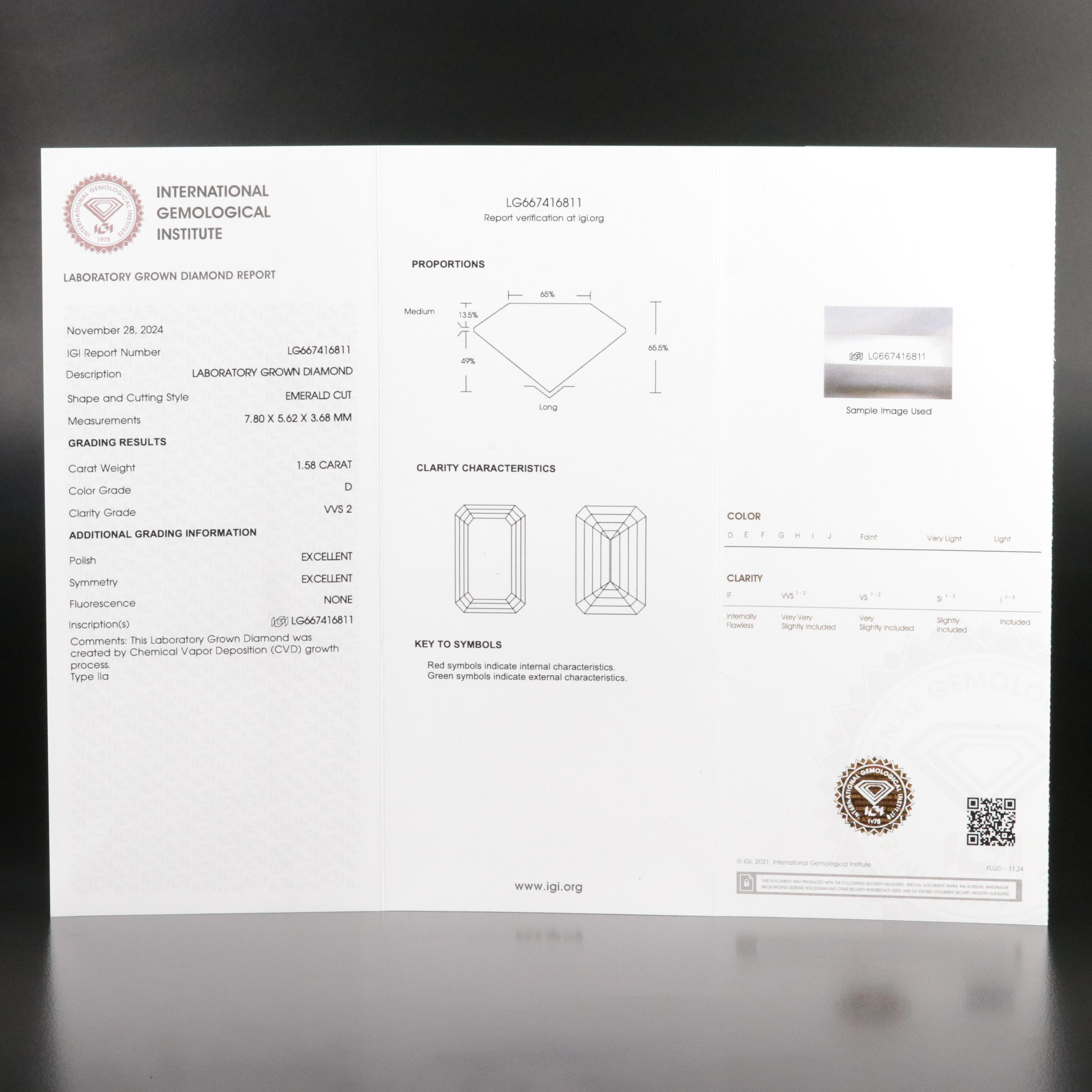 Loose 1.58 CT Lab Grown Diamond with IGI Report