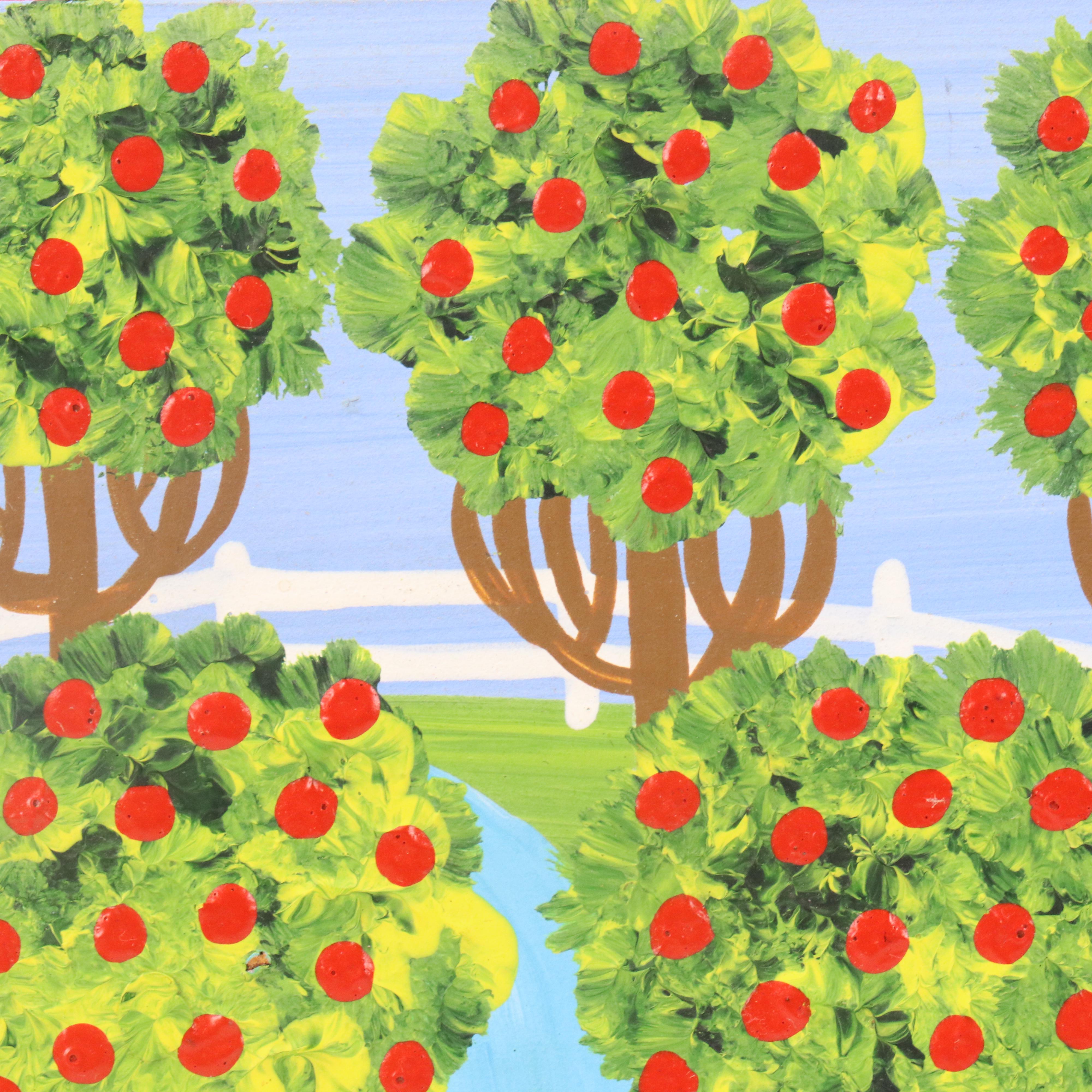 Donna Kelly Stylized Landscape Oil Painting with Barnyard Scene, 1982