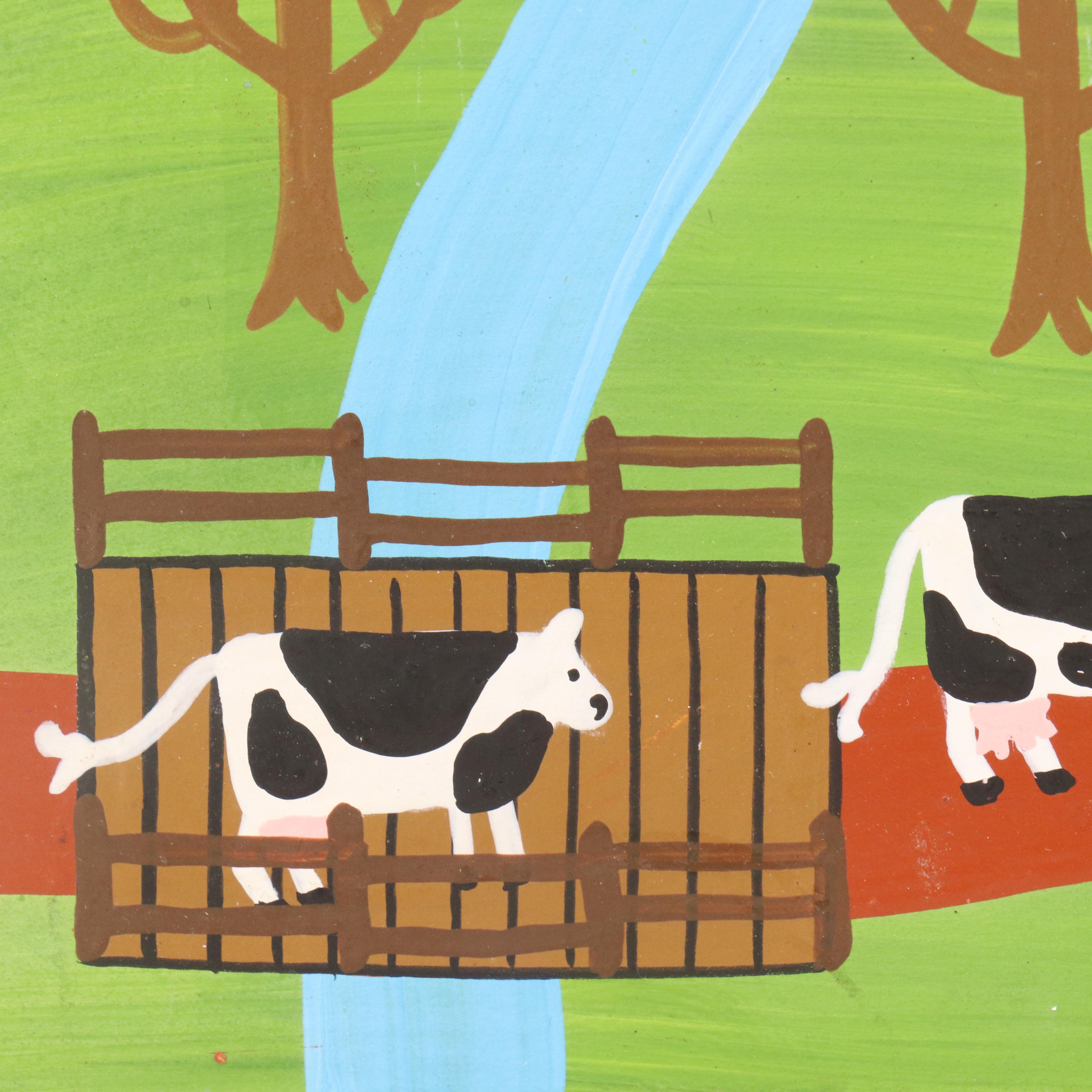 Donna Kelly Stylized Landscape Oil Painting with Barnyard Scene, 1982