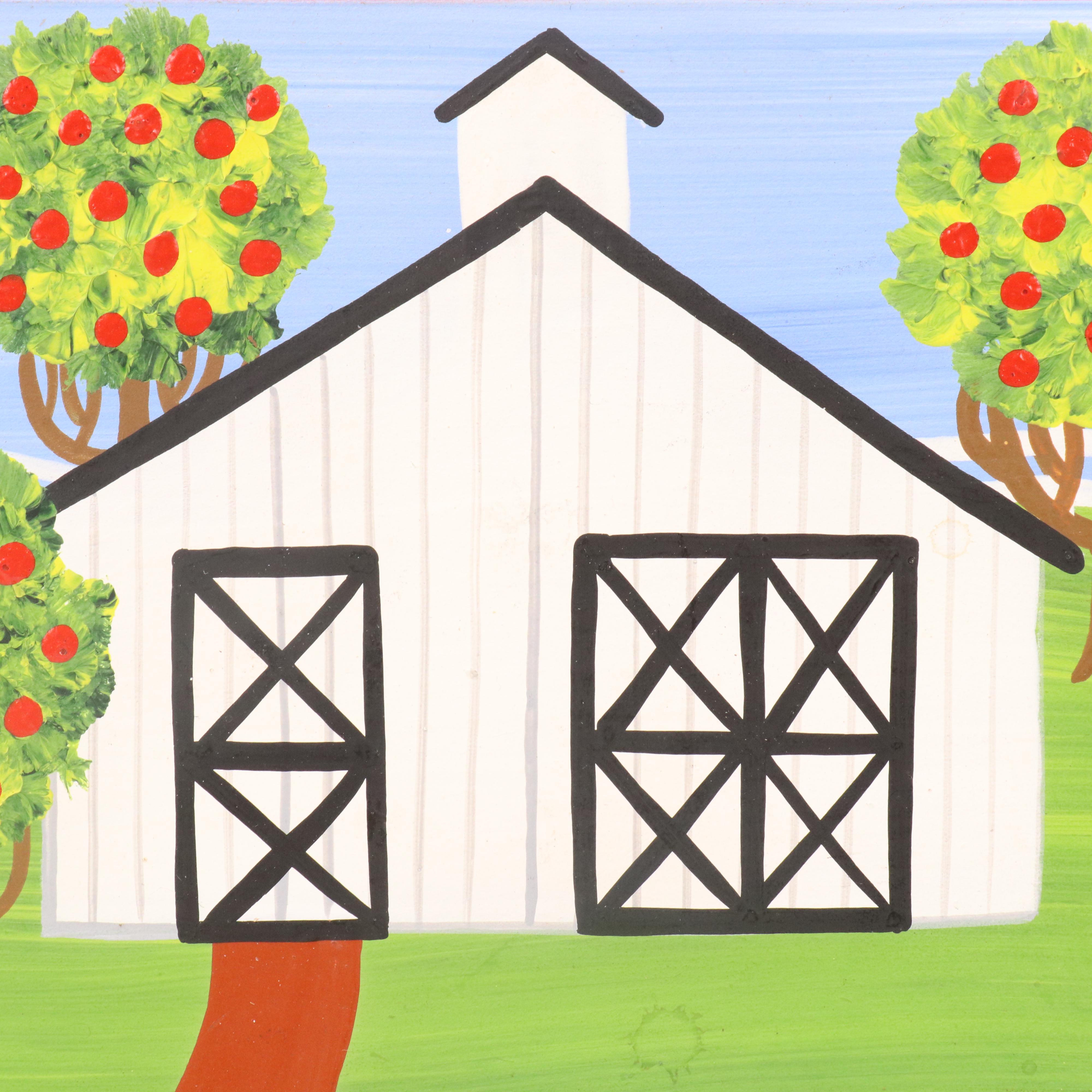 Donna Kelly Stylized Landscape Oil Painting with Barnyard Scene, 1982