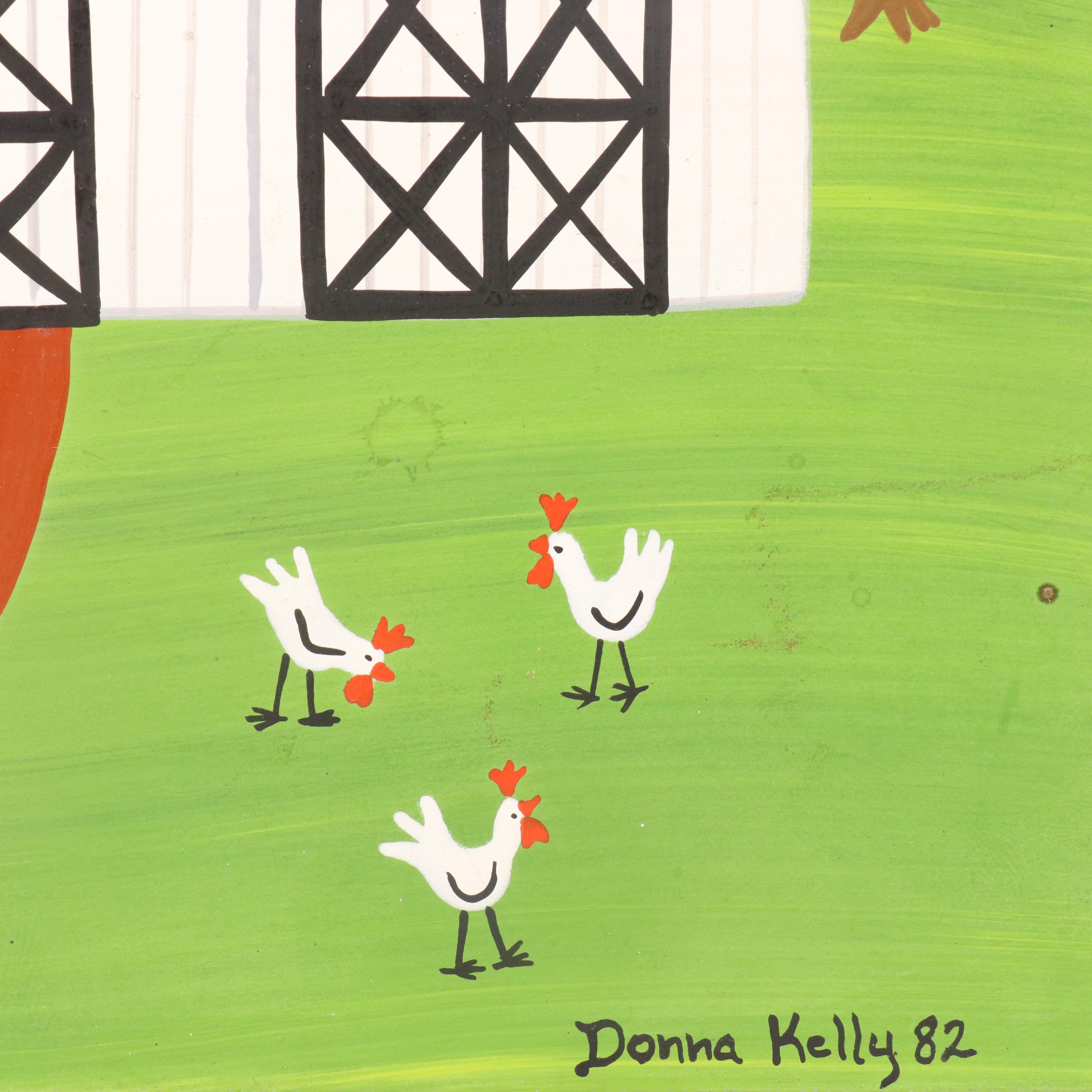 Donna Kelly Stylized Landscape Oil Painting with Barnyard Scene, 1982