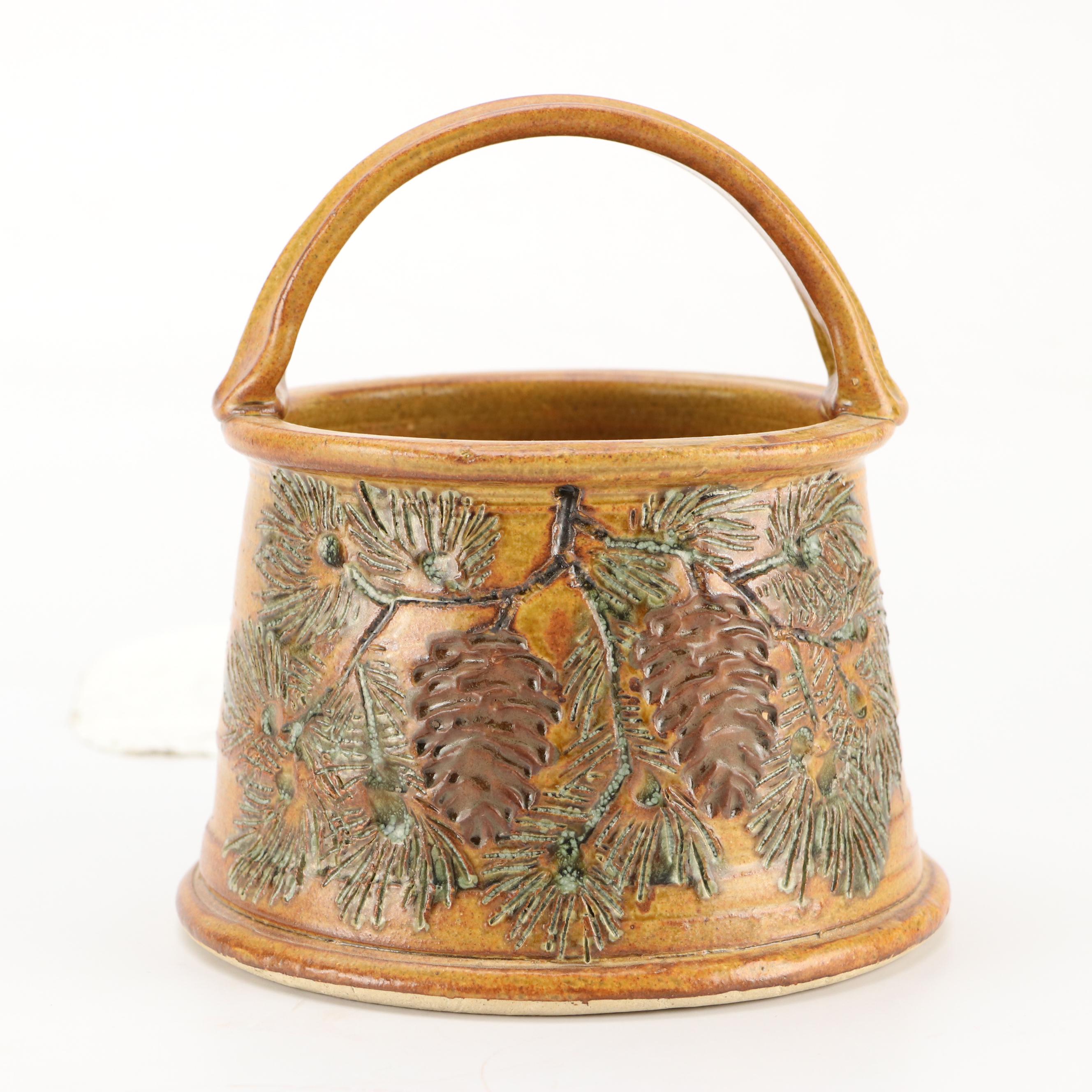 Majolica Style Basket Vases with Studio Pottery Pine Ceramic Basket Vase