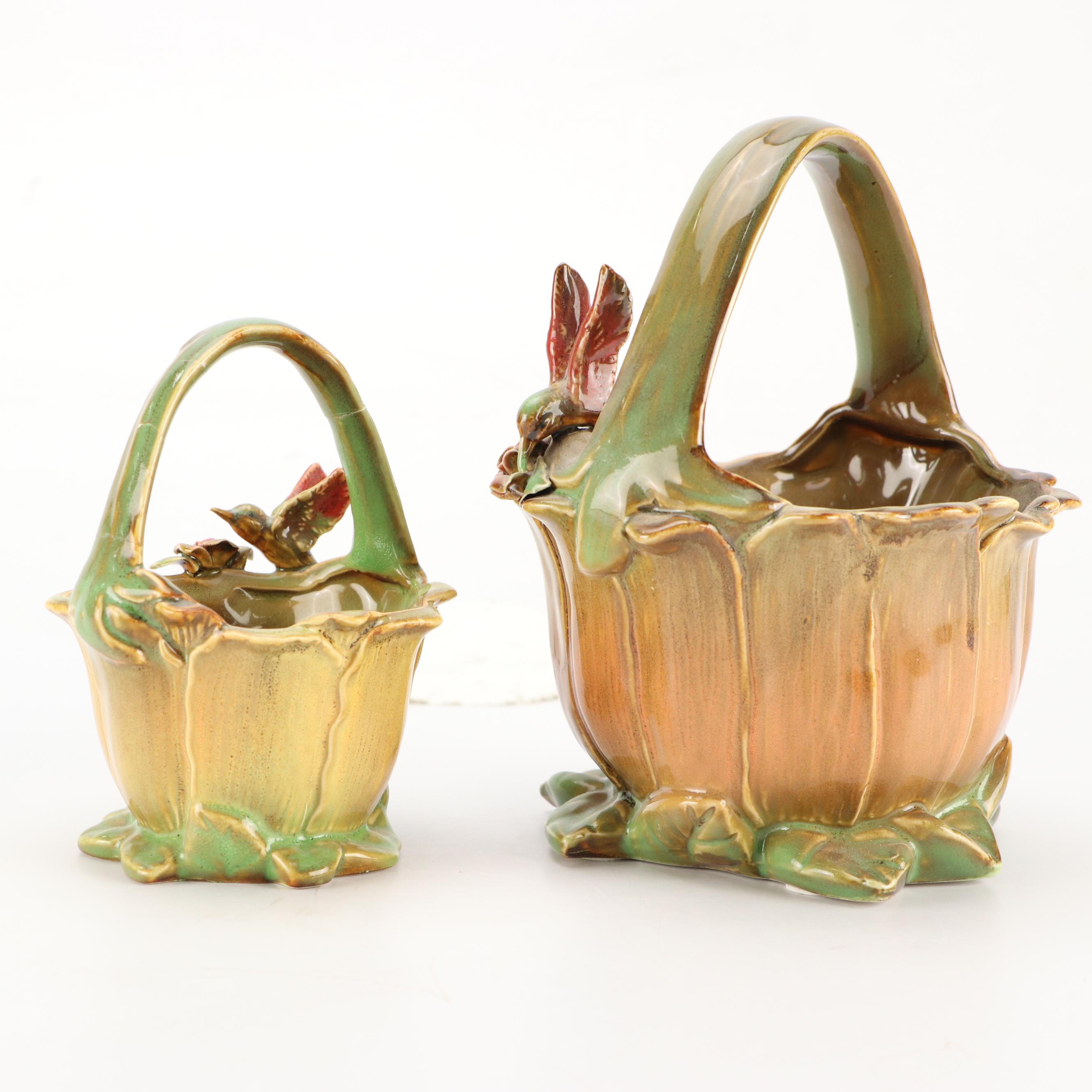 Majolica Style Basket Vases with Studio Pottery Pine Ceramic Basket Vase
