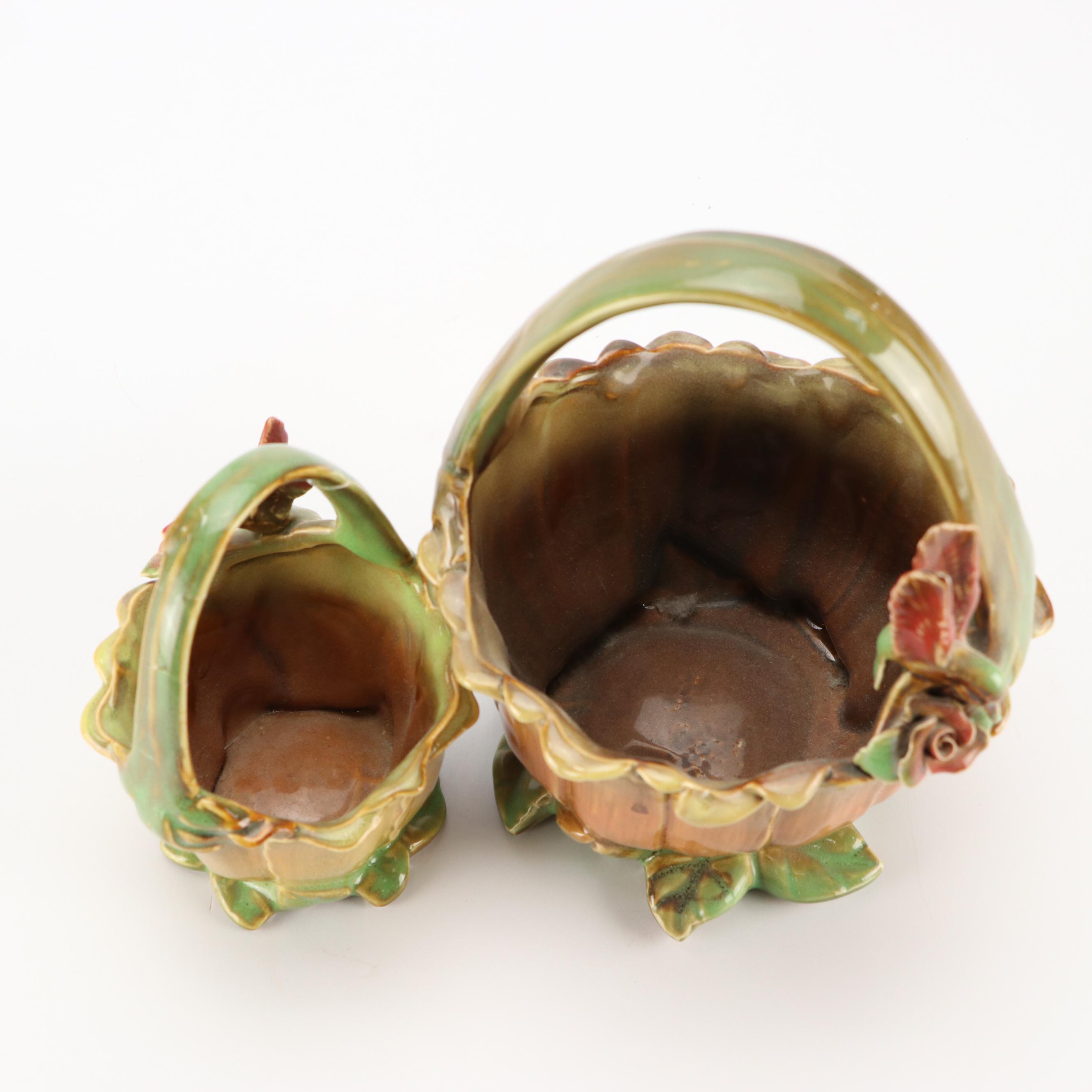 Majolica Style Basket Vases with Studio Pottery Pine Ceramic Basket Vase