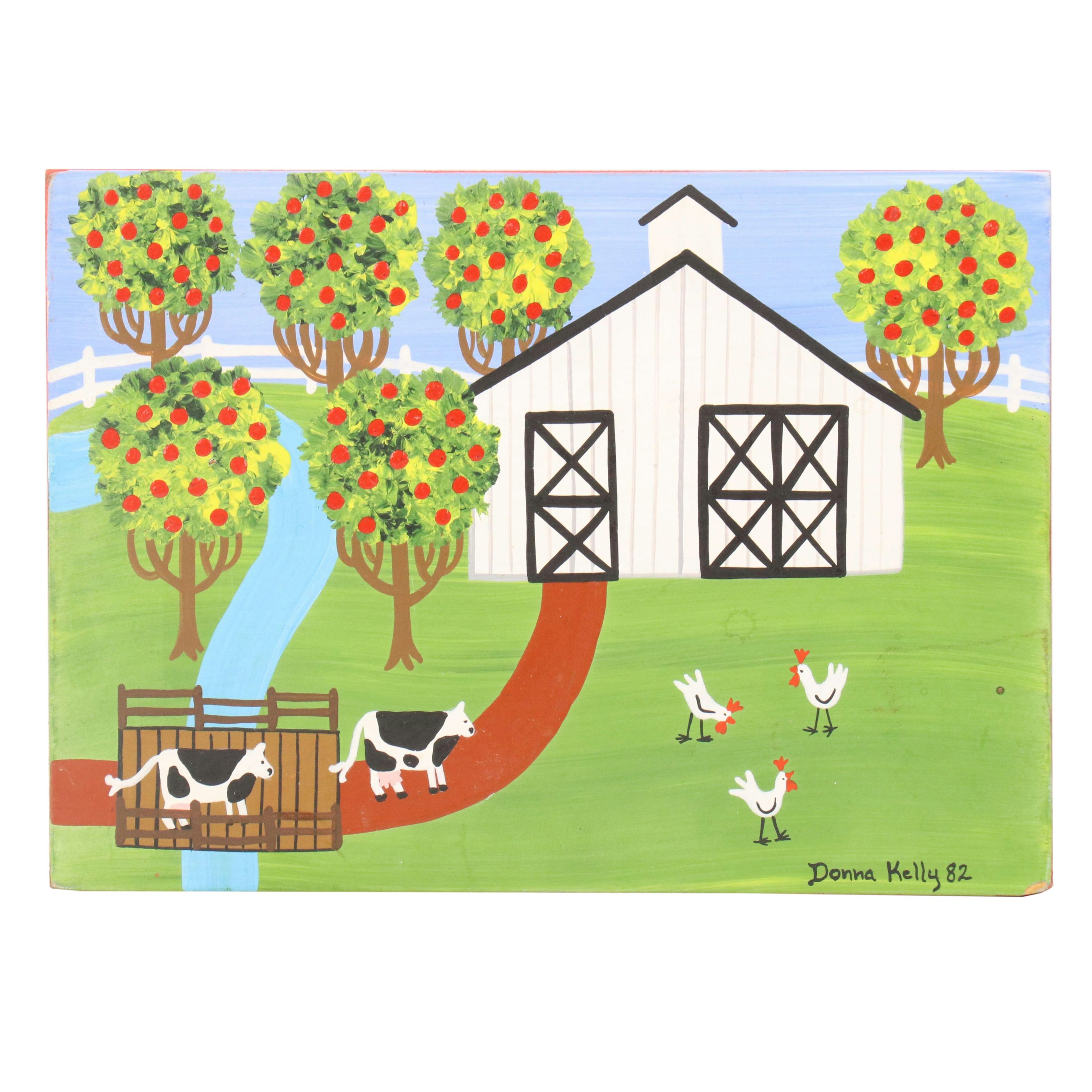 Donna Kelly Stylized Landscape Oil Painting with Barnyard Scene, 1982