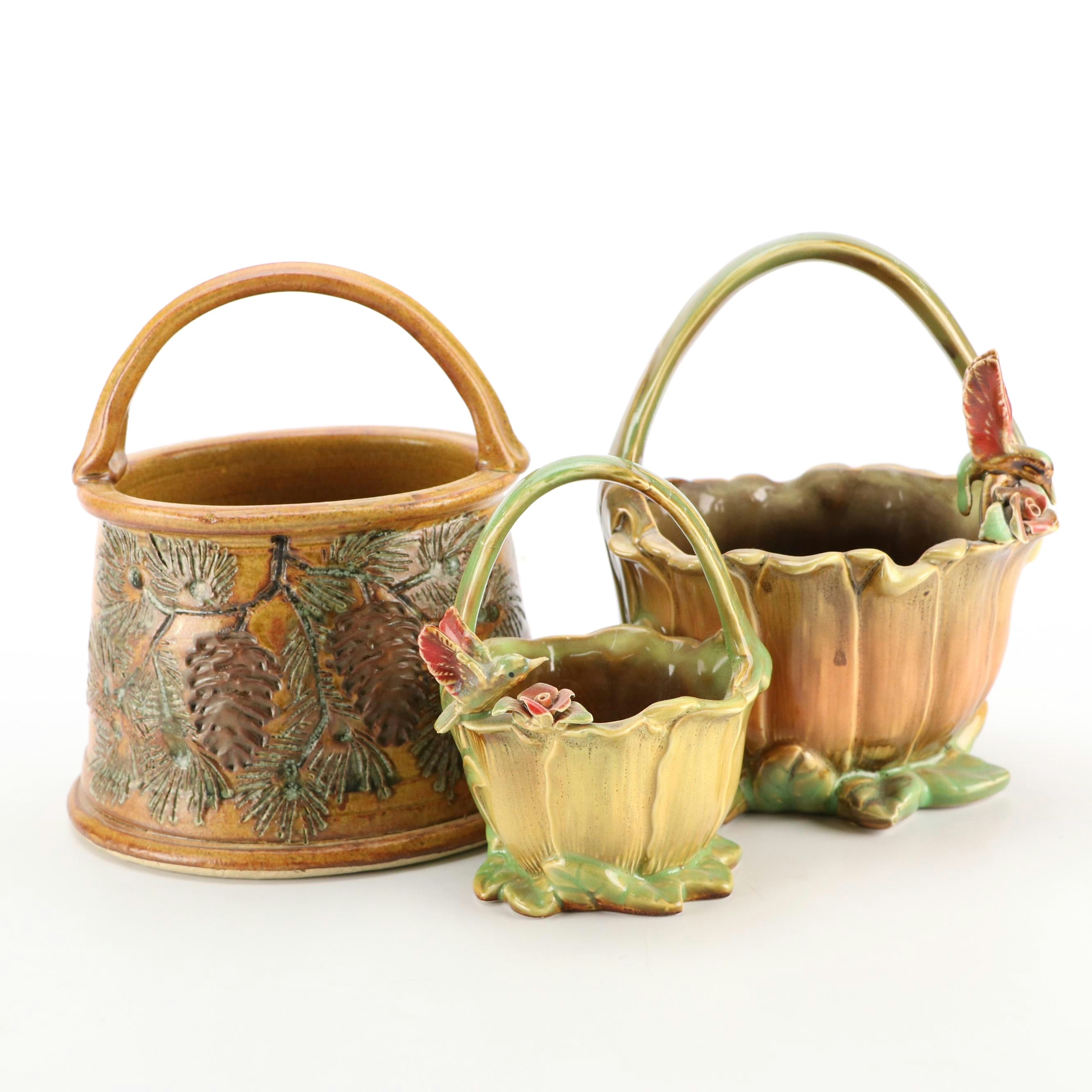 Majolica Style Basket Vases with Studio Pottery Pine Ceramic Basket Vase