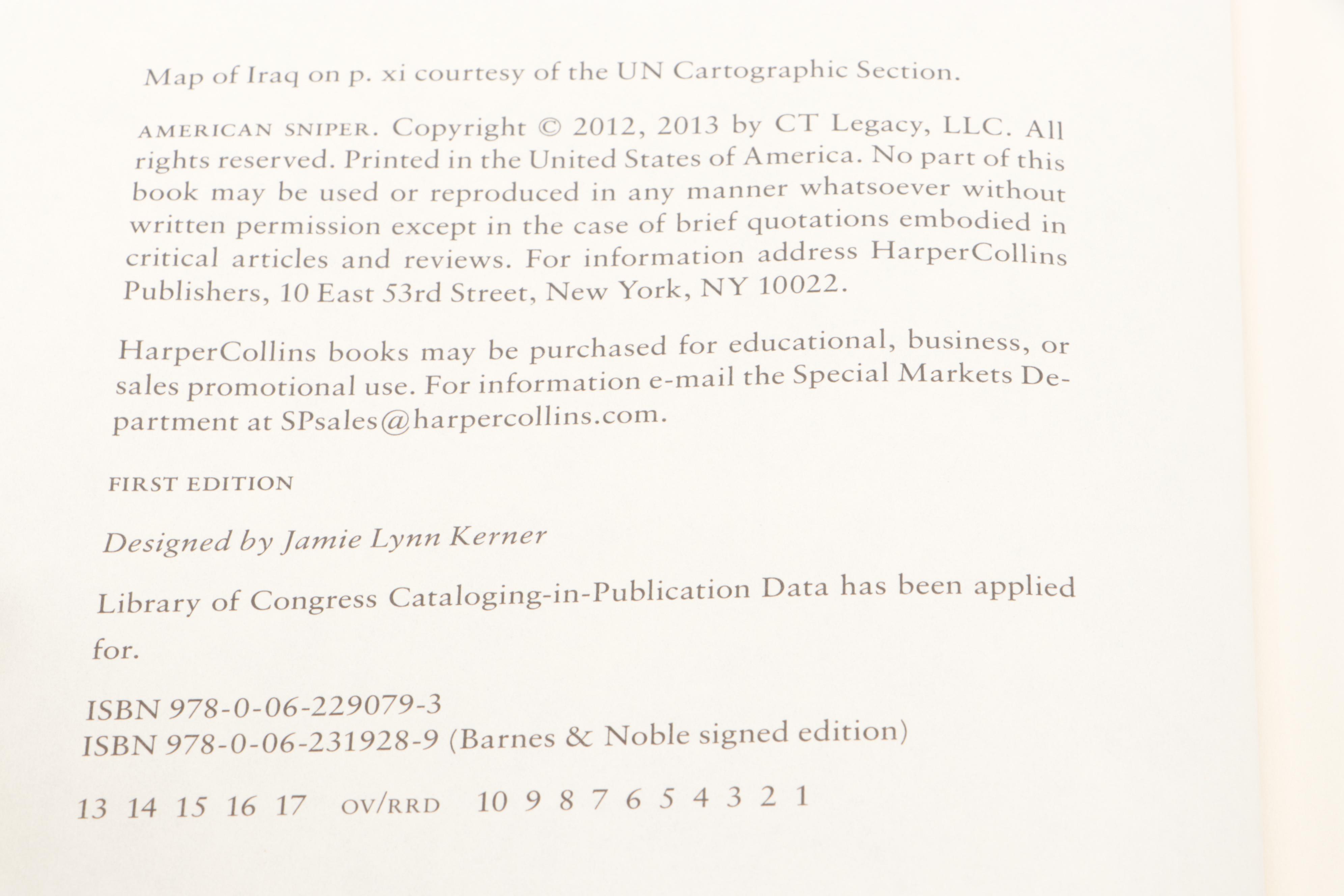 Memorial Edition "American Sniper" by Chris Kyle, 2013