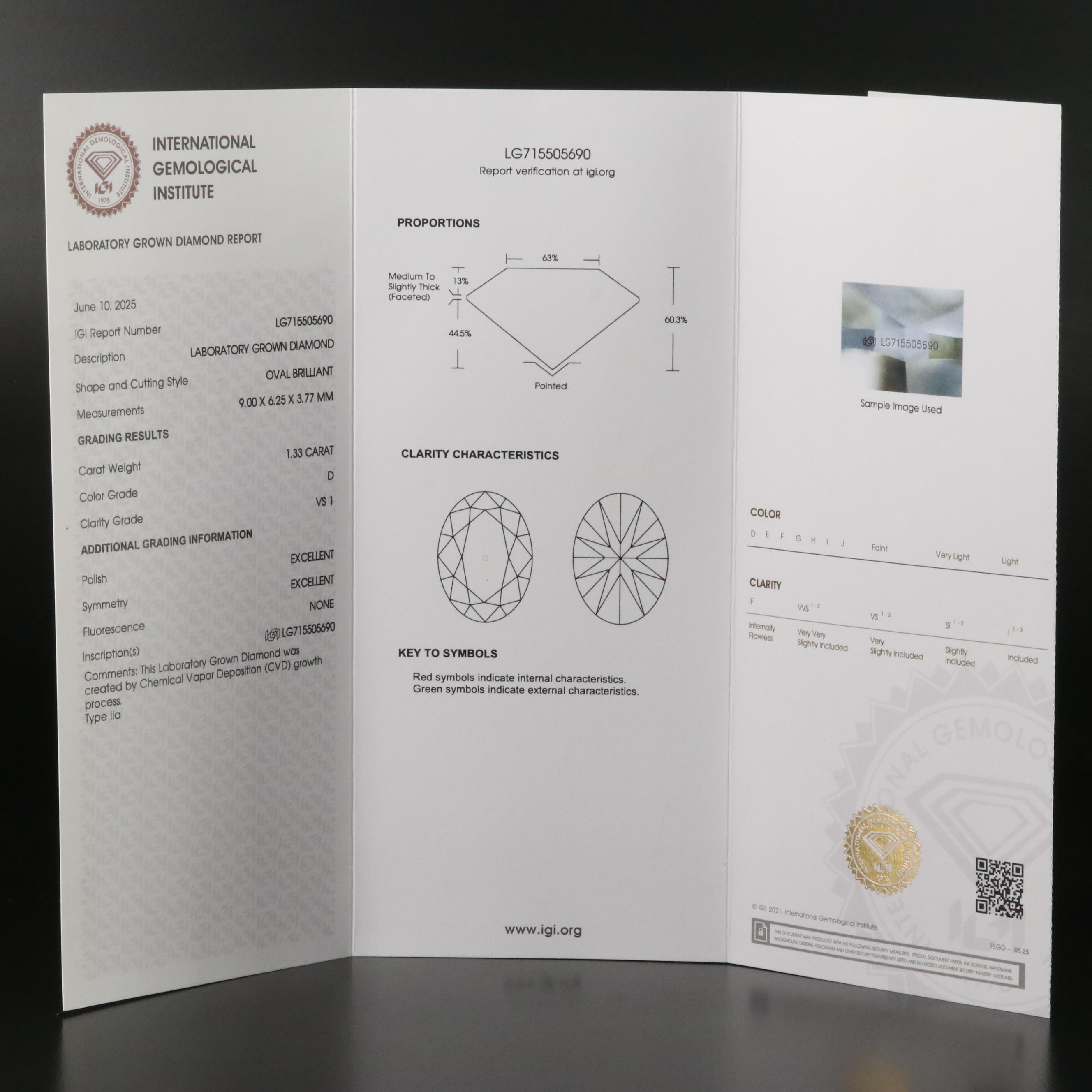 Loose 1.33 CT Lab Grown Diamond with IGI Report