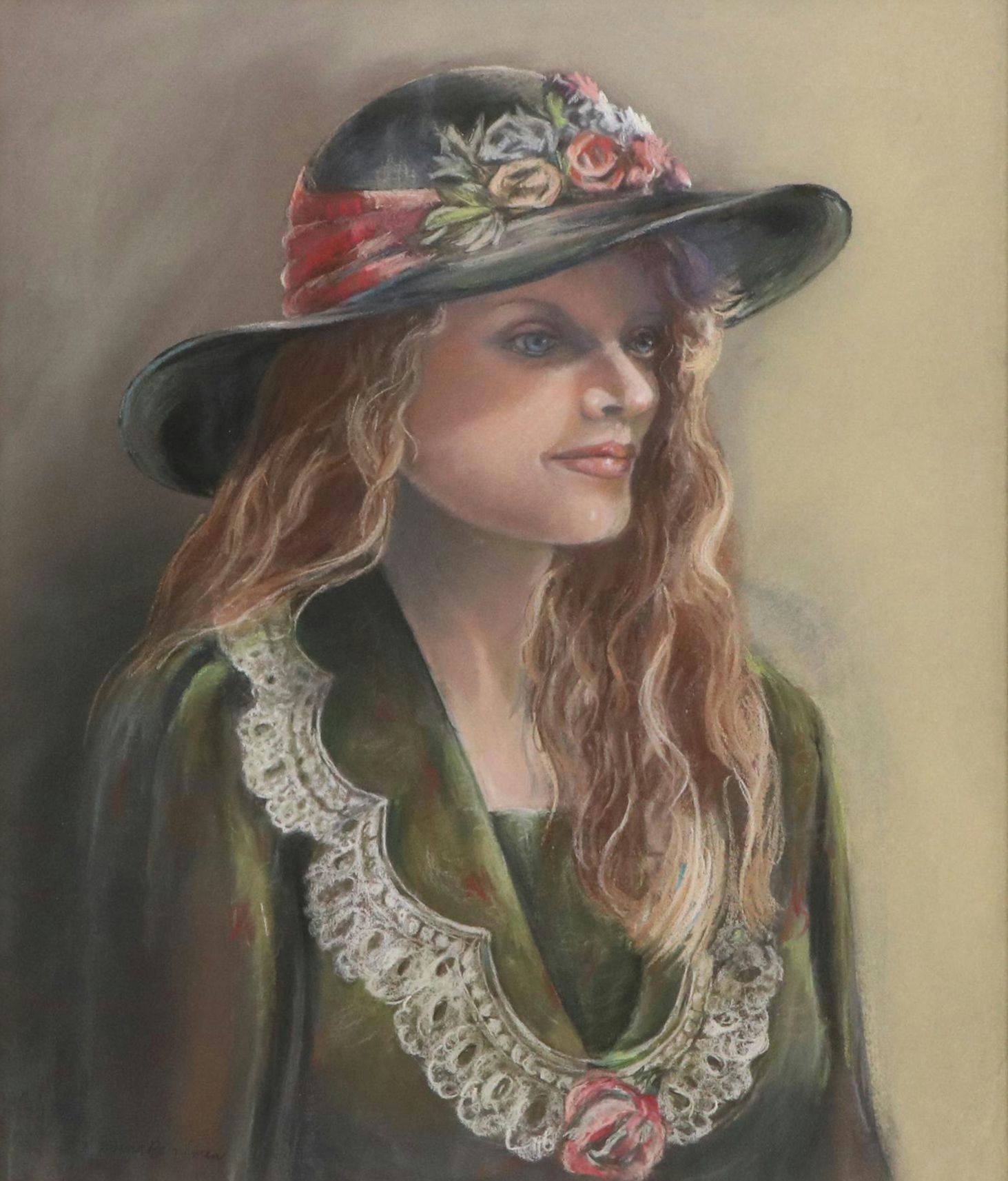 Donna Brinkman Oil Pastel Portrait of Woman in Green, Late 20th Century