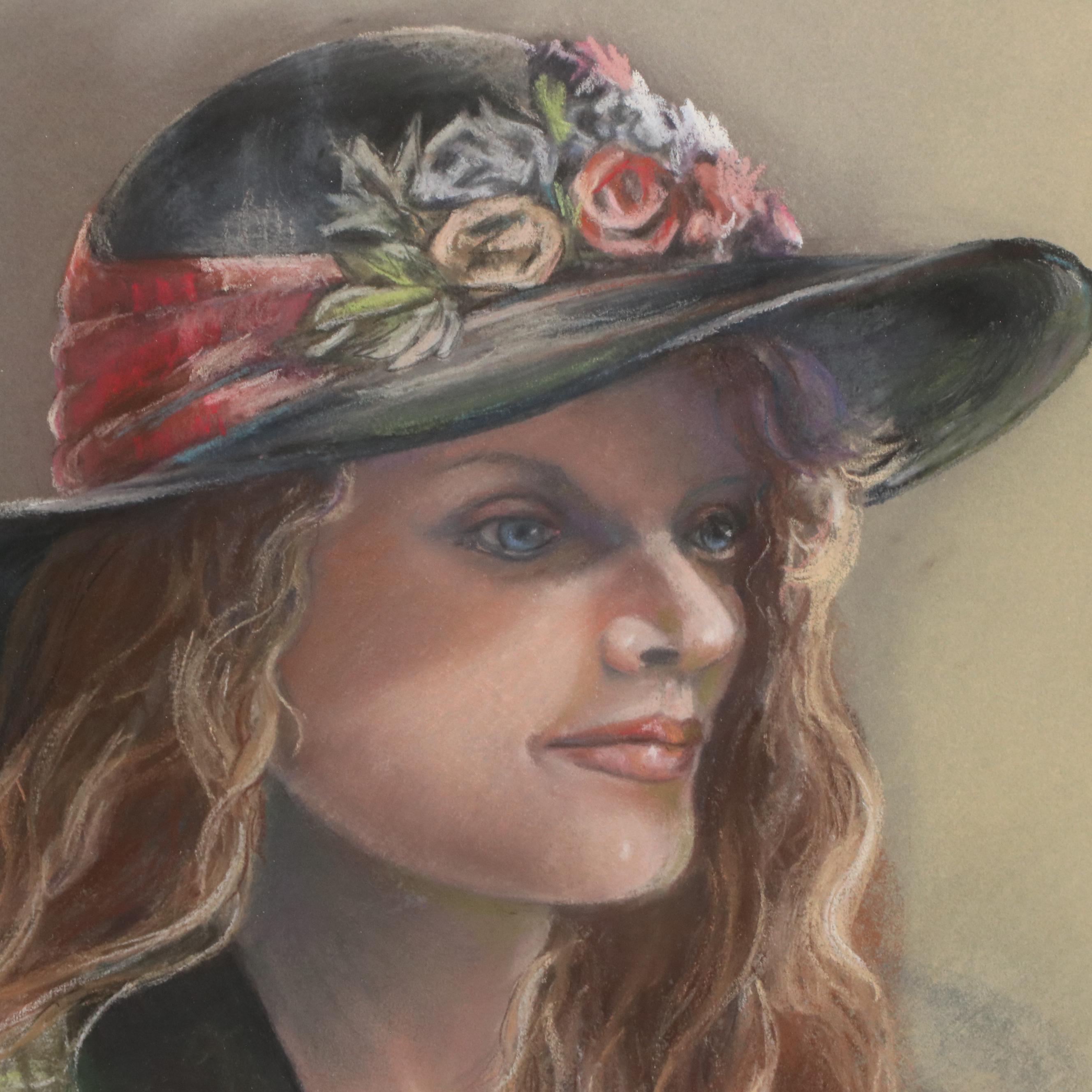 Donna Brinkman Oil Pastel Portrait of Woman in Green, Late 20th Century