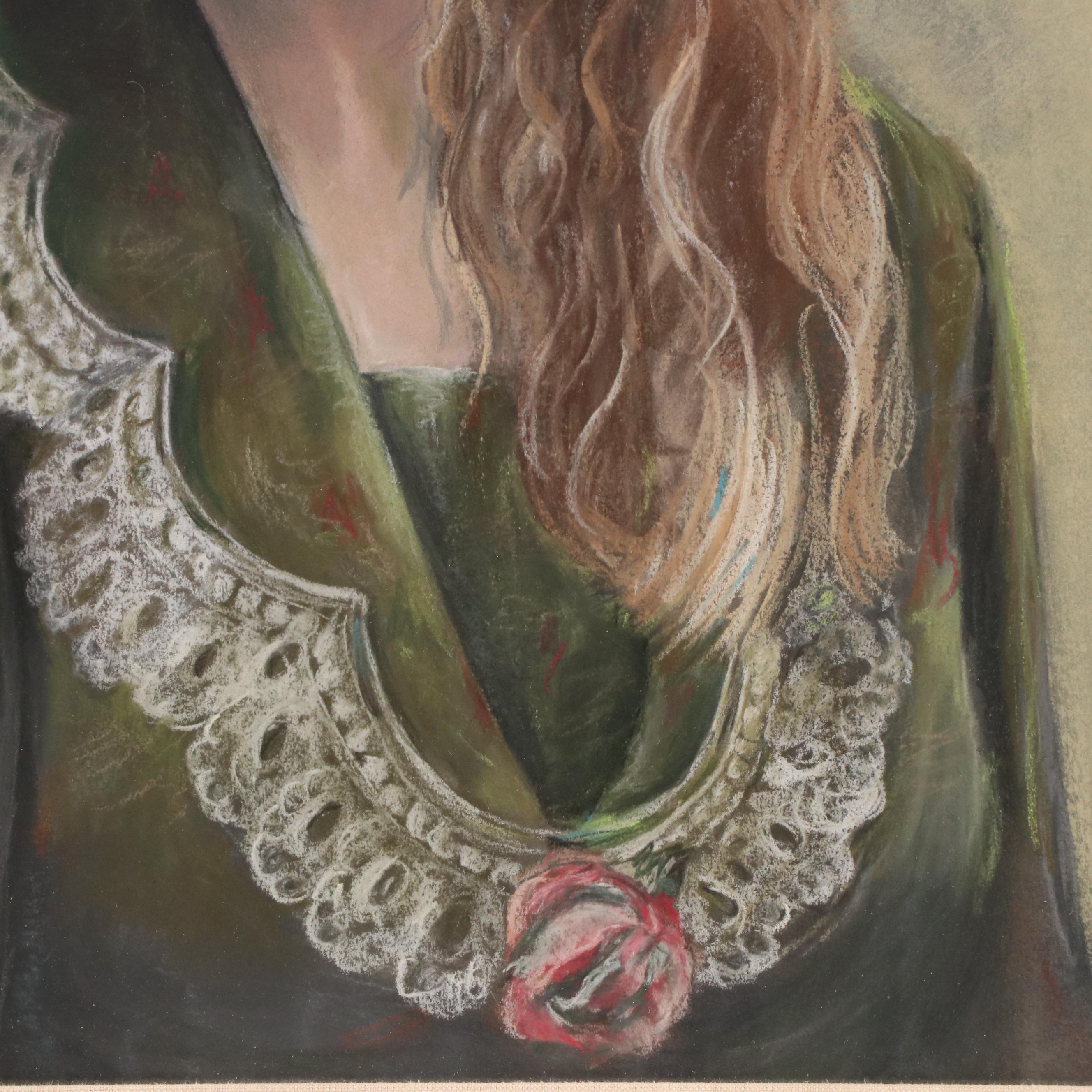 Donna Brinkman Oil Pastel Portrait of Woman in Green, Late 20th Century