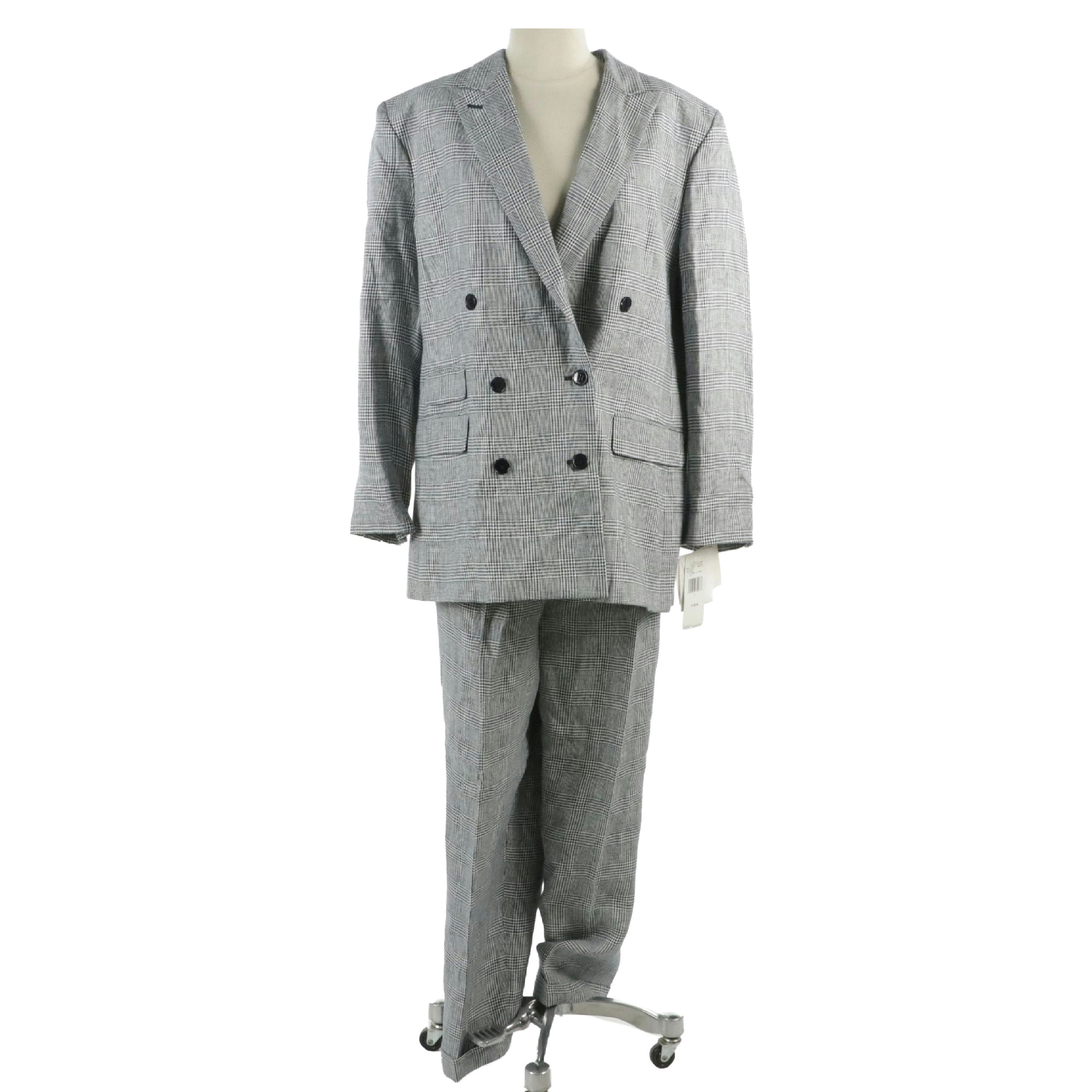 Lauren Ralph Lauren Navy Houndstooth Plaid Linen Suit, With Tags