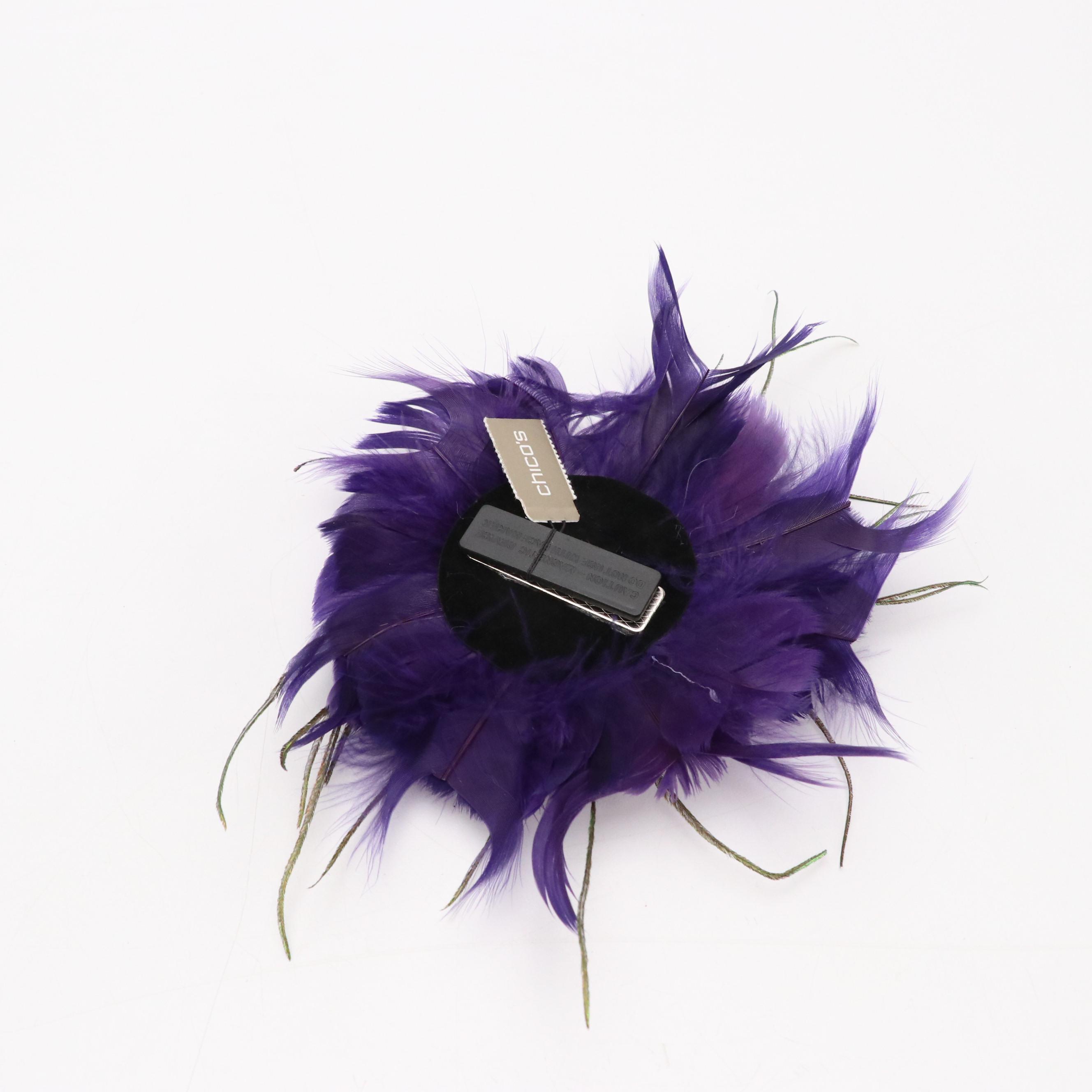 Chico's Feather and Fabric Brooch Pins with Crystal Accents