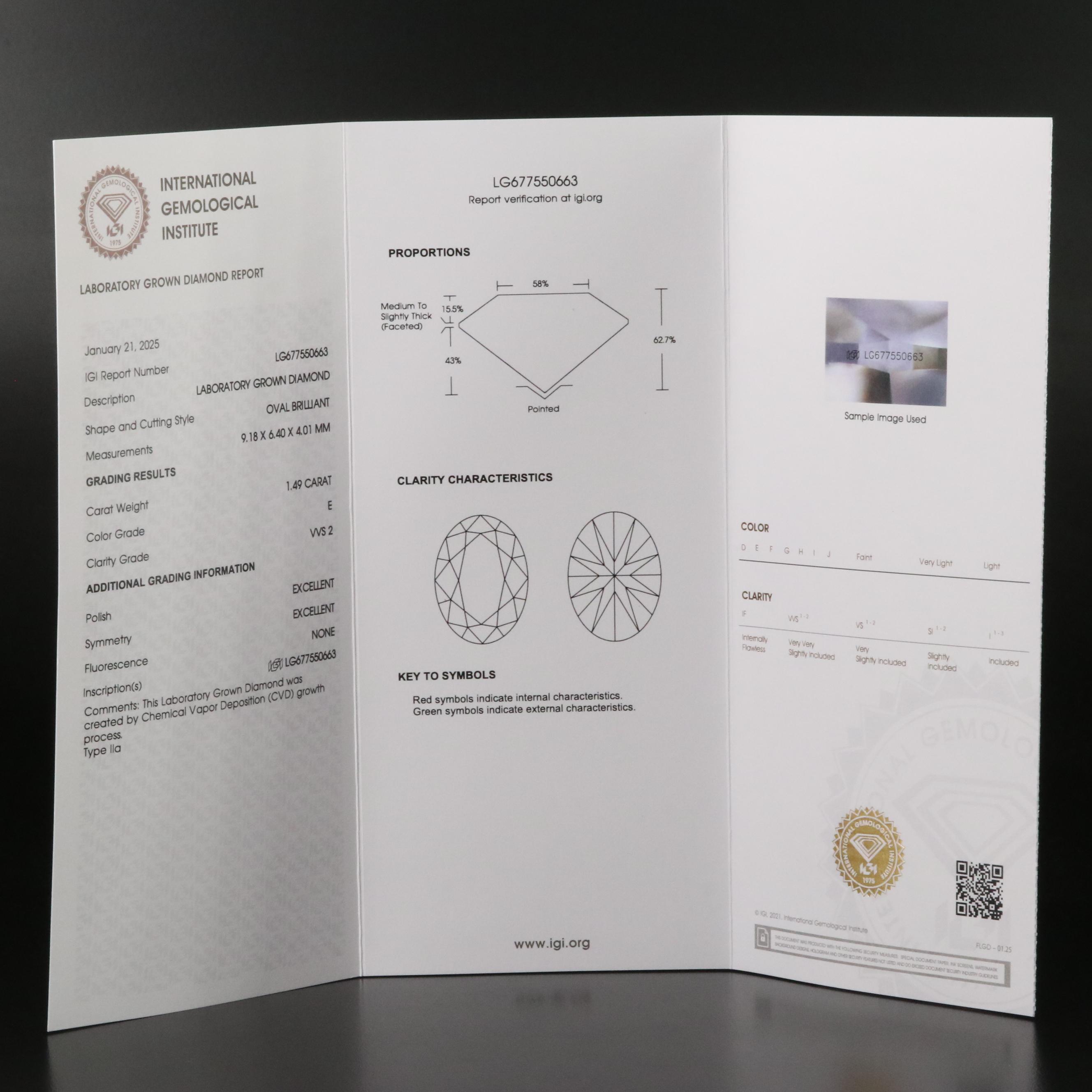 Loose 1.49 CT Lab Grown Diamond with IGI Report