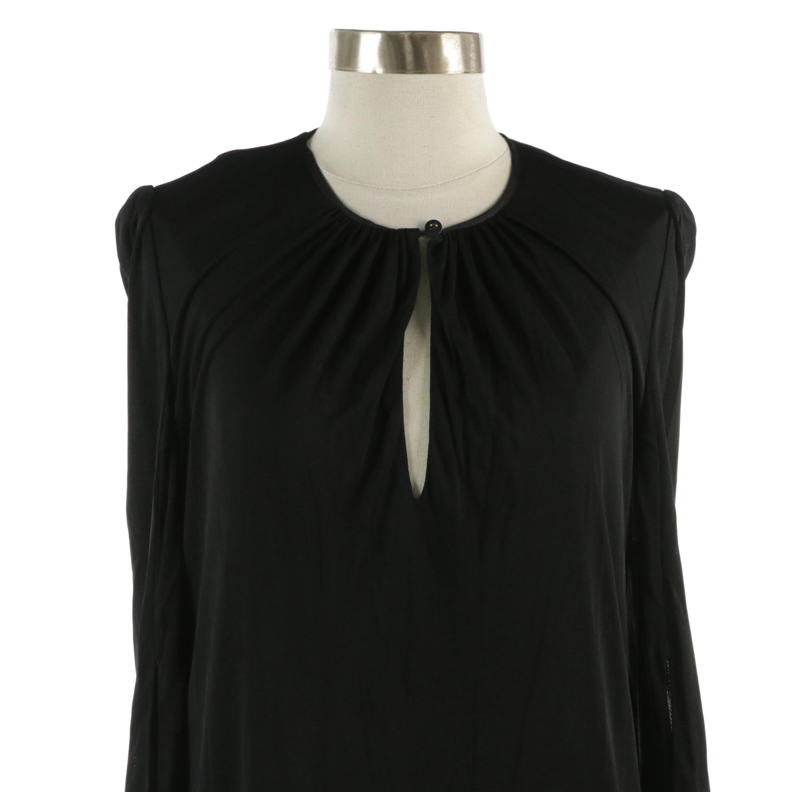 Boudicca Black Ruched Midi Dress with Peekaboo Neckline and Slit Sleeves