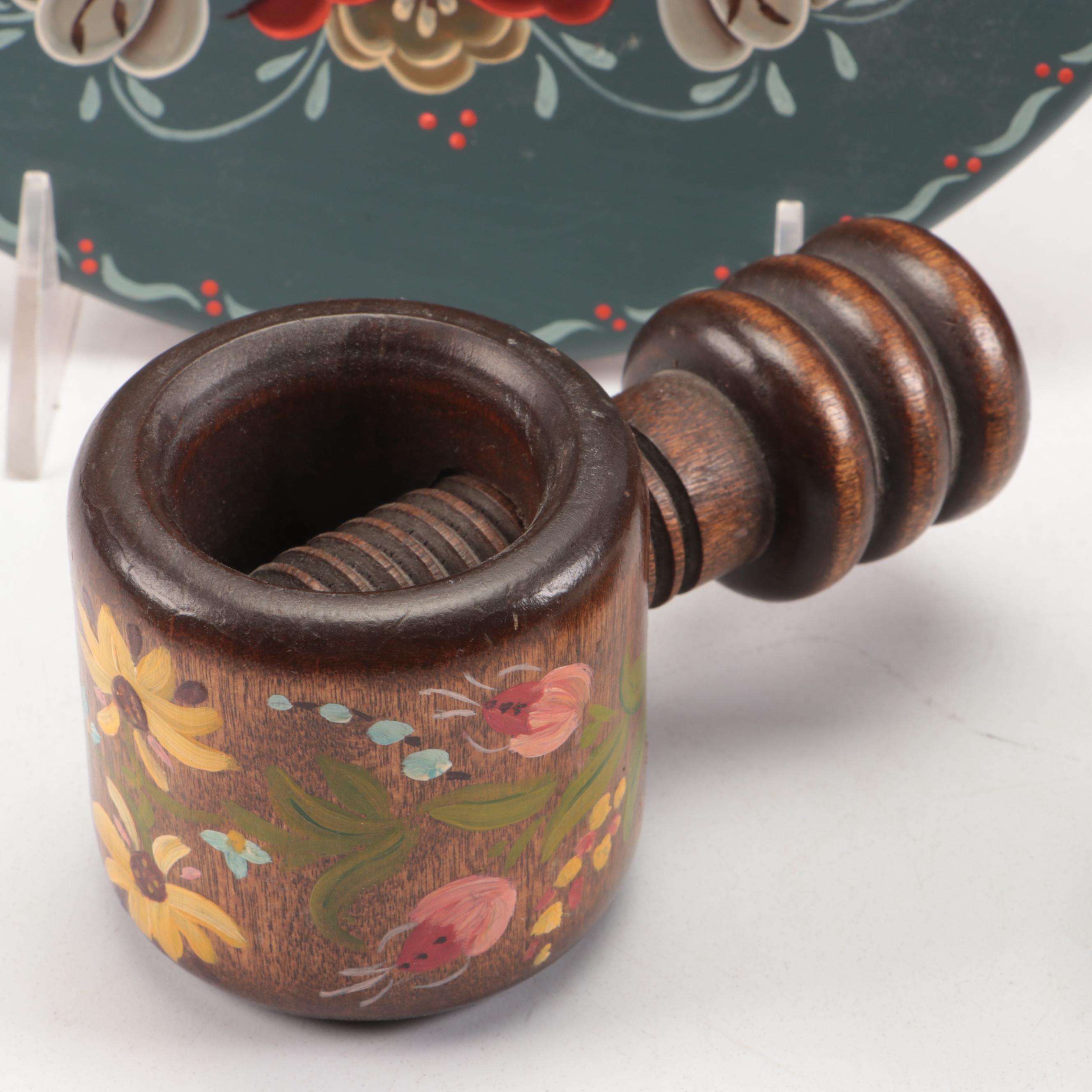 Posey Folk Art Painted Tray with Basket and Other Kitchen Accessories