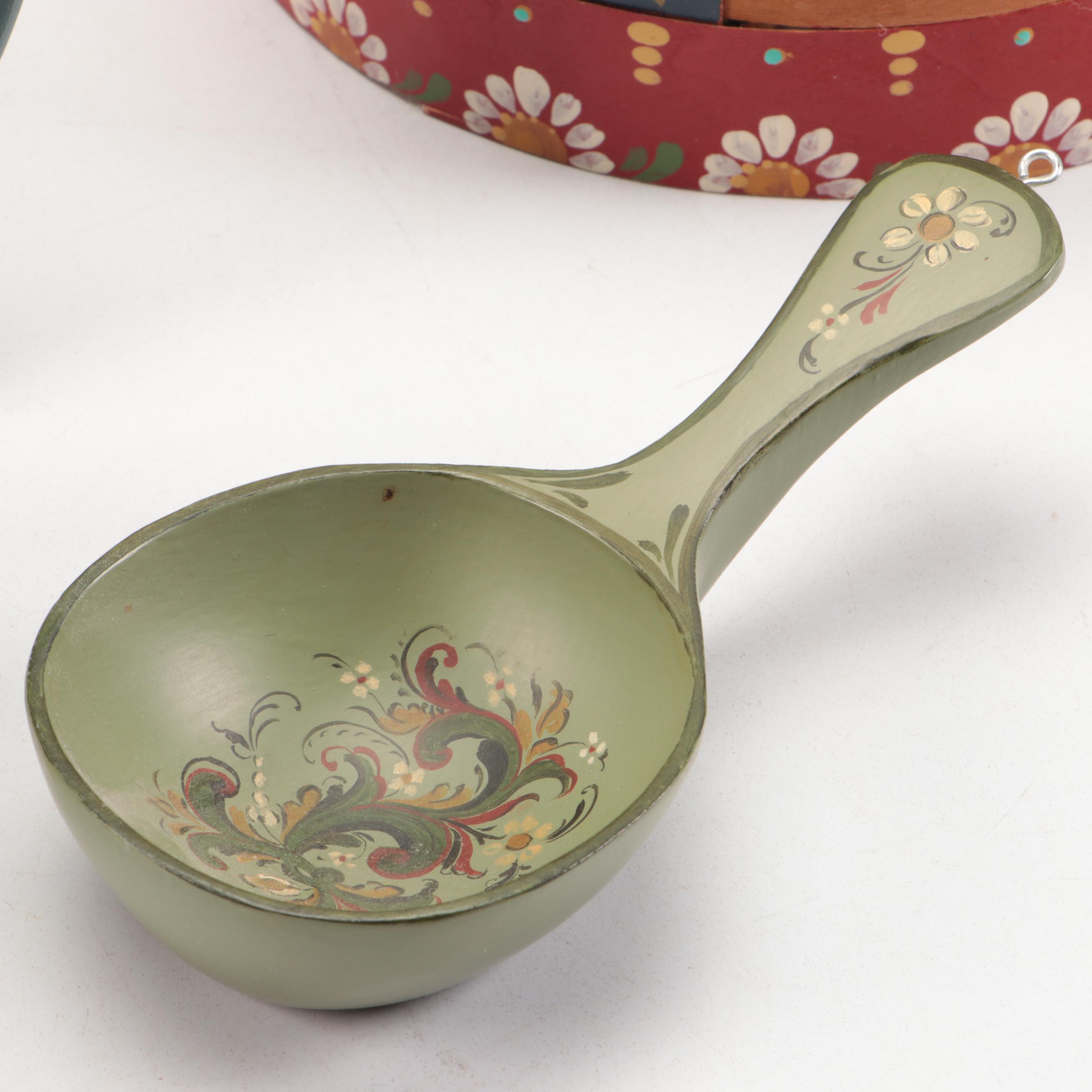 Posey Folk Art Painted Tray with Basket and Other Kitchen Accessories