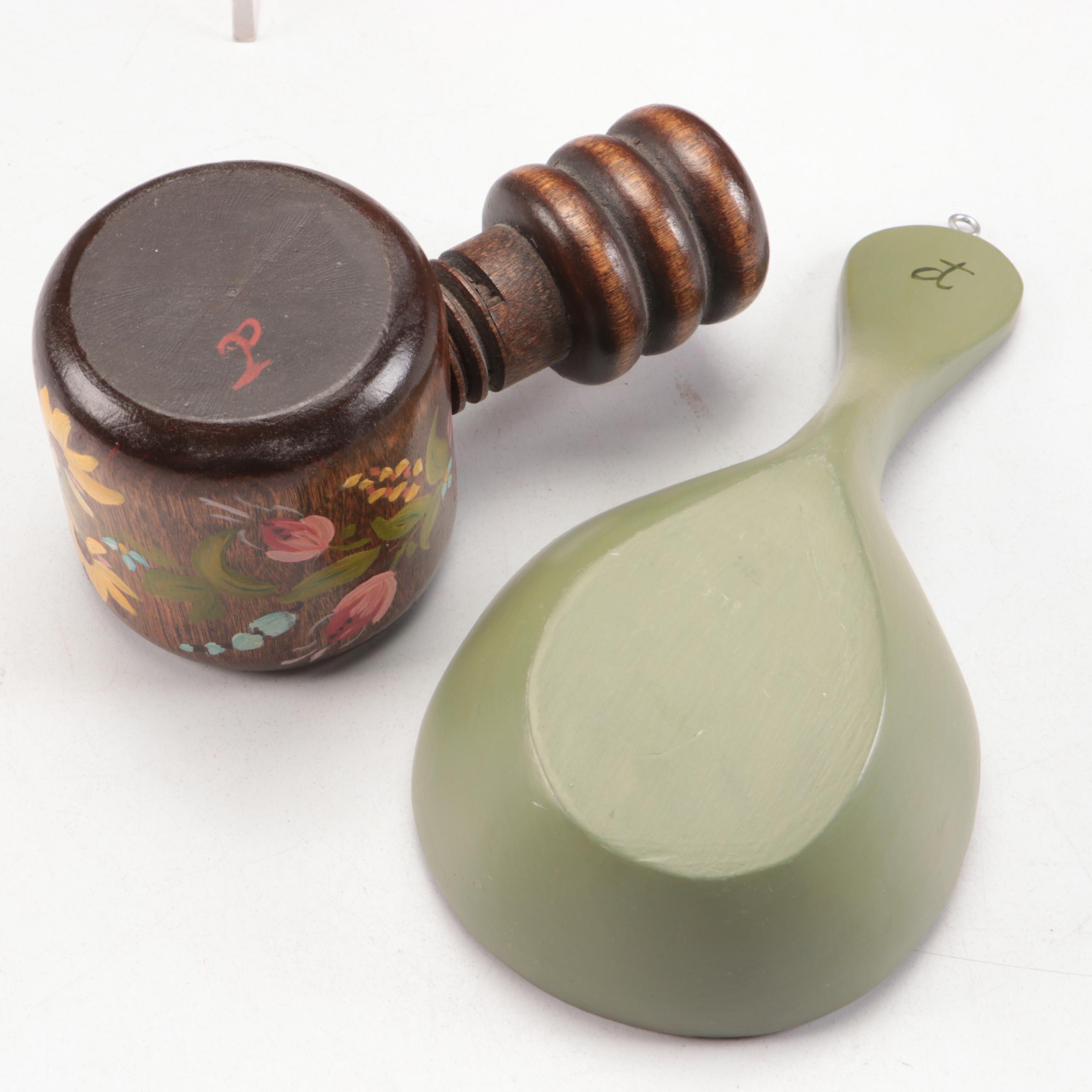 Posey Folk Art Painted Tray with Basket and Other Kitchen Accessories