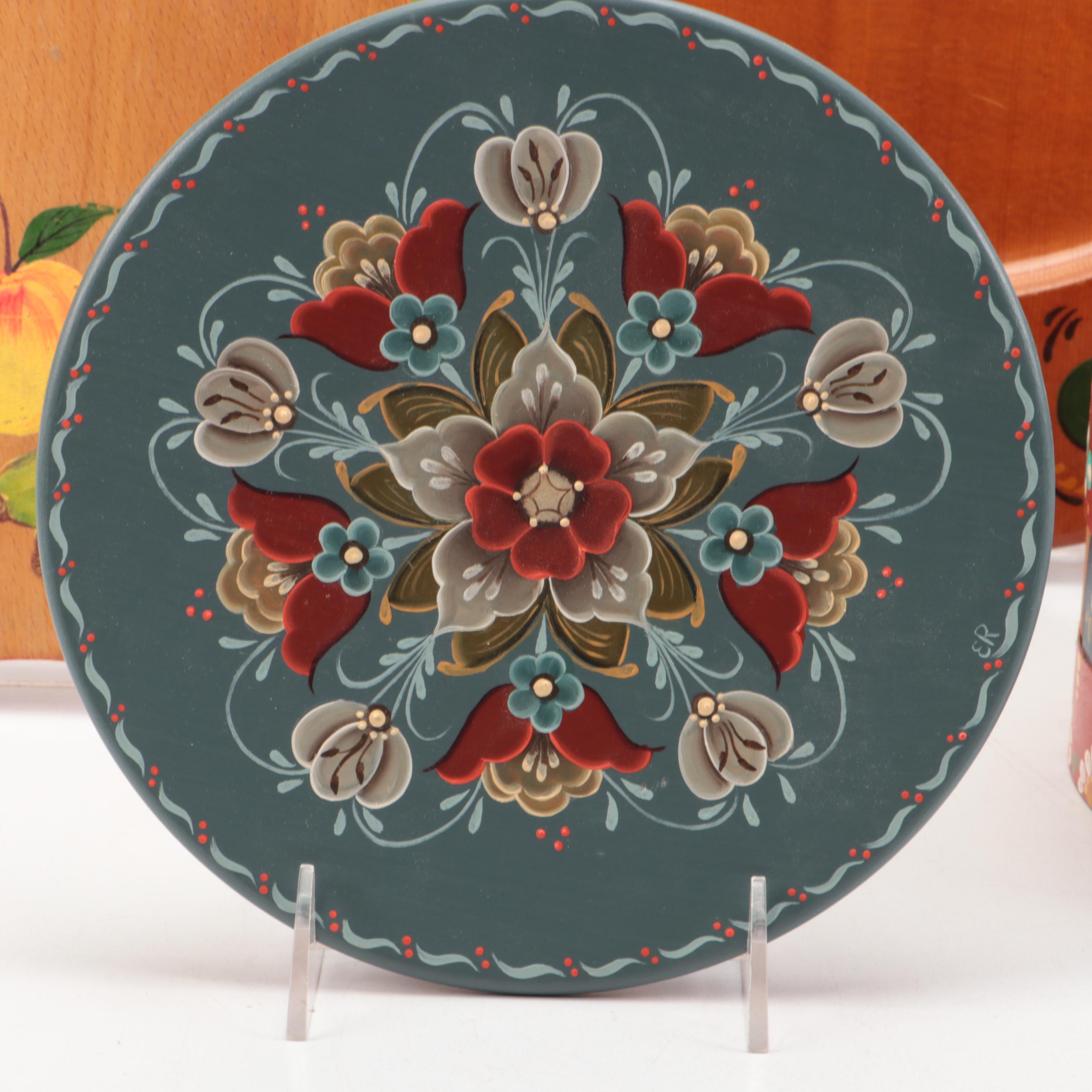 Posey Folk Art Painted Tray with Basket and Other Kitchen Accessories