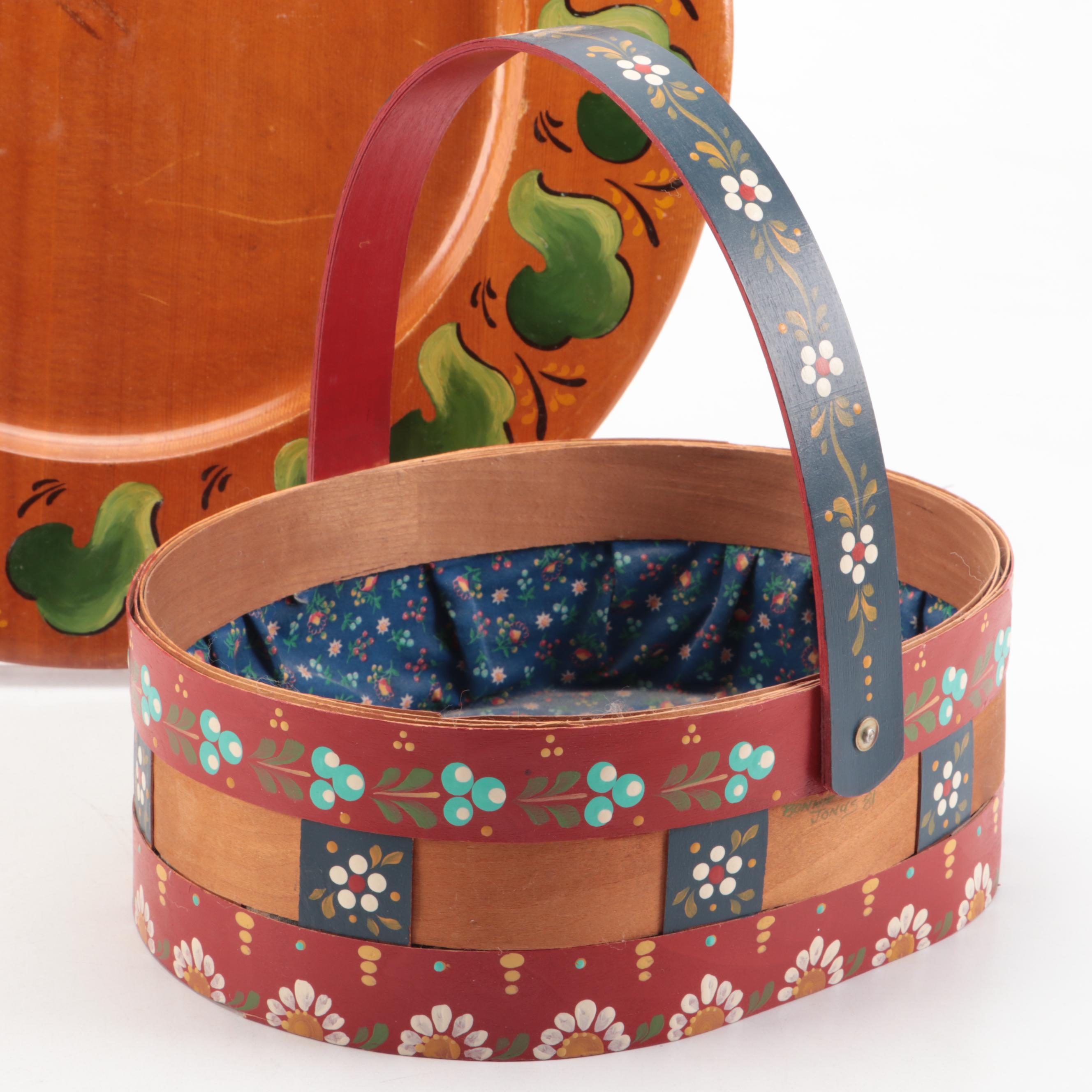 Posey Folk Art Painted Tray with Basket and Other Kitchen Accessories