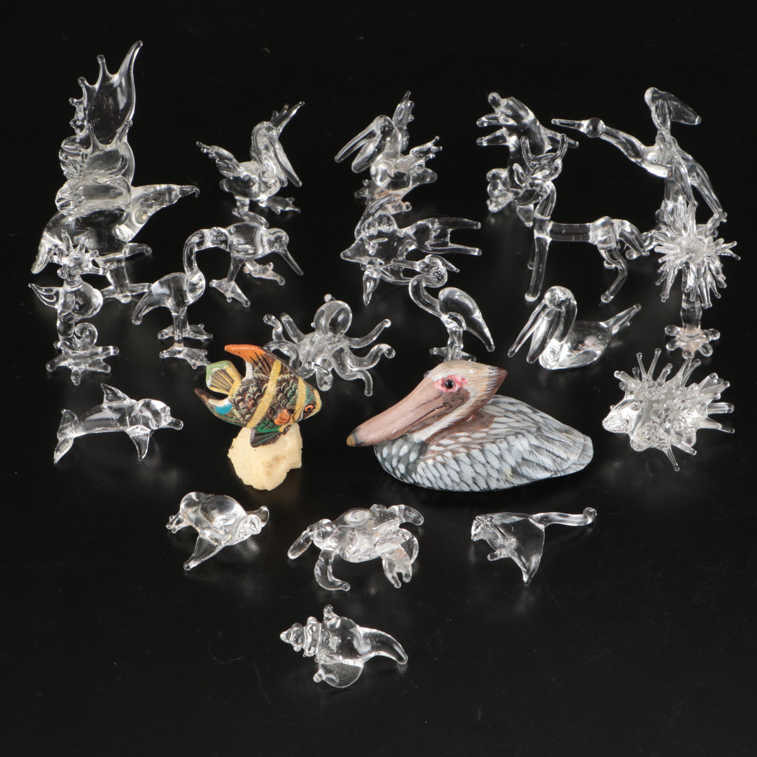 Carved Wood and Glass Animal Figurines