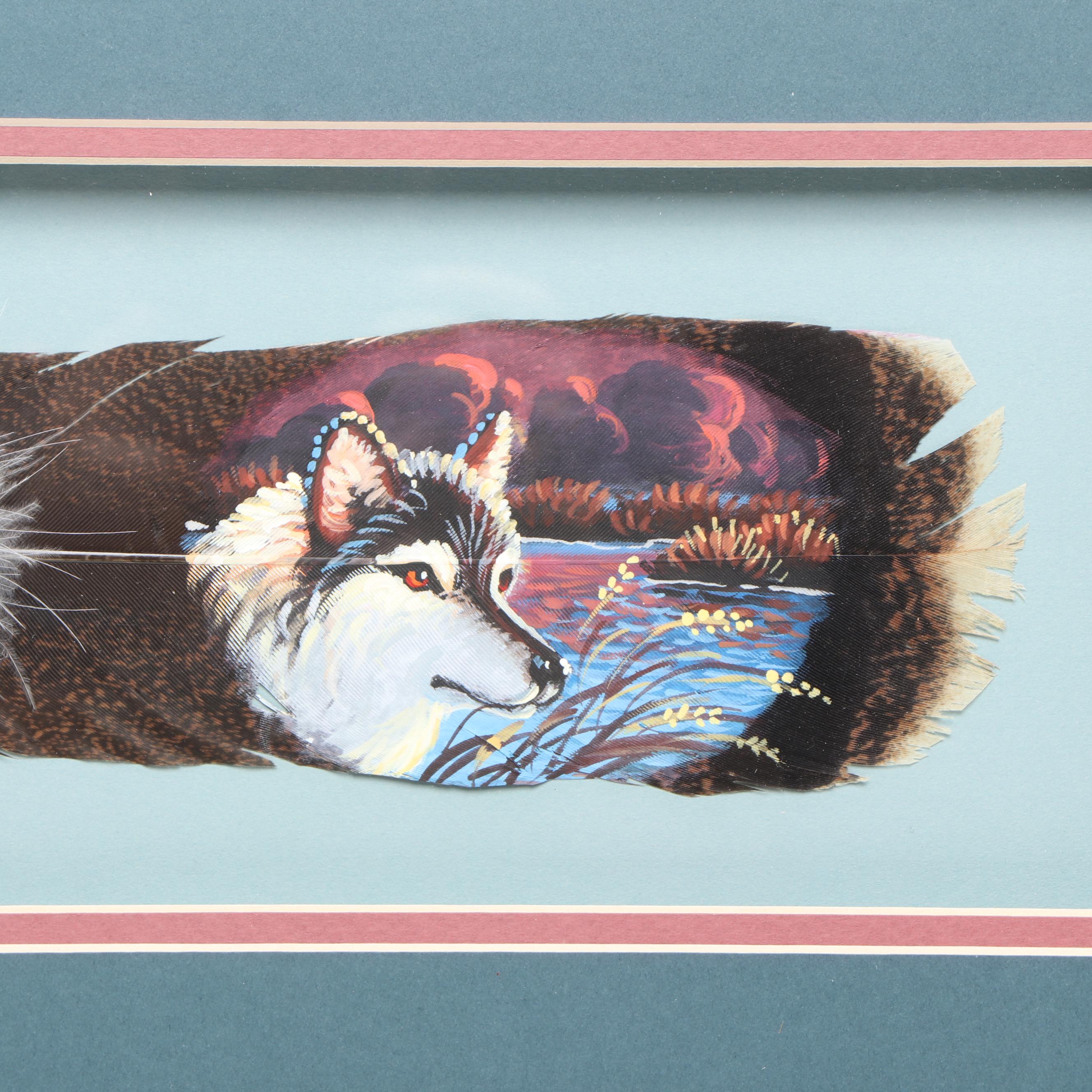 Wolf Portrait Hand-Painted Turkey Feather with Bone, Bead and Feather Details