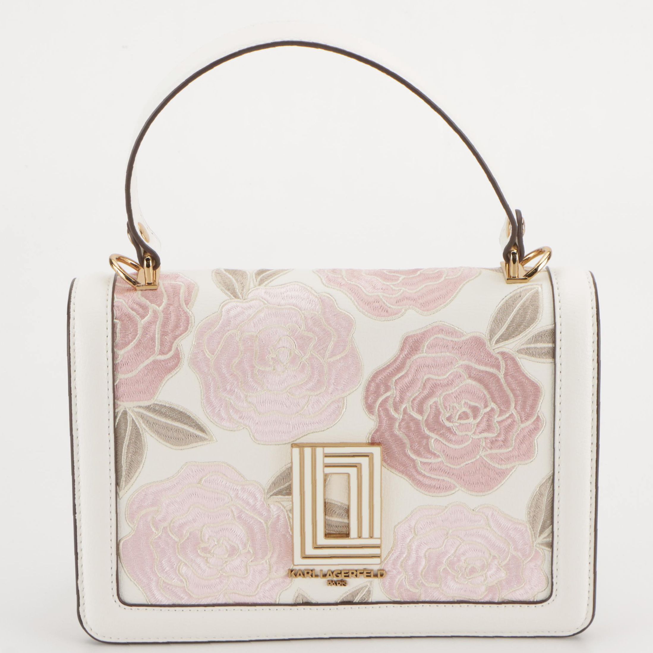 Karl Lagerfeld Simone Rose Embroidered Two-Way Bag in White Leather