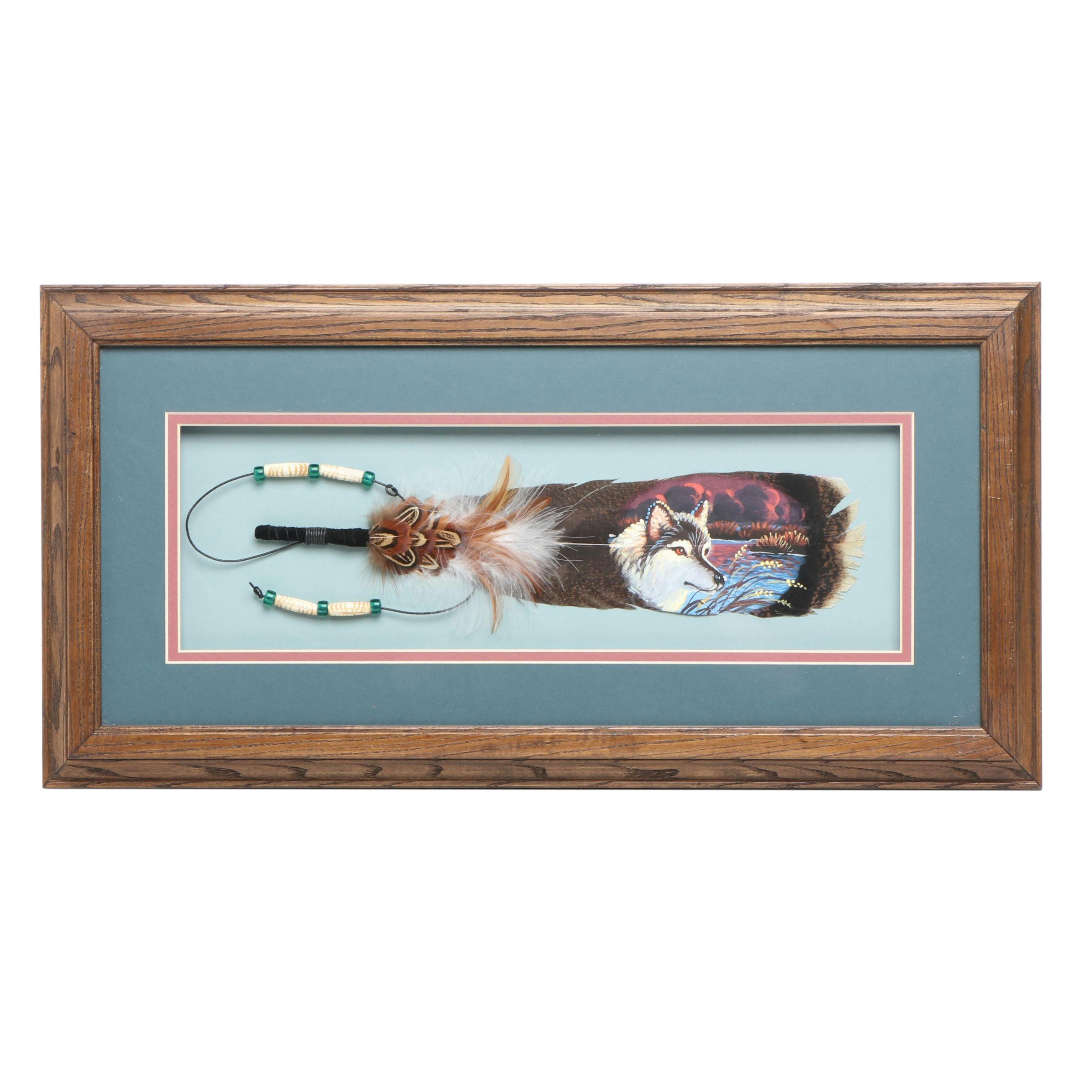 Wolf Portrait Hand-Painted Turkey Feather with Bone, Bead and Feather Details