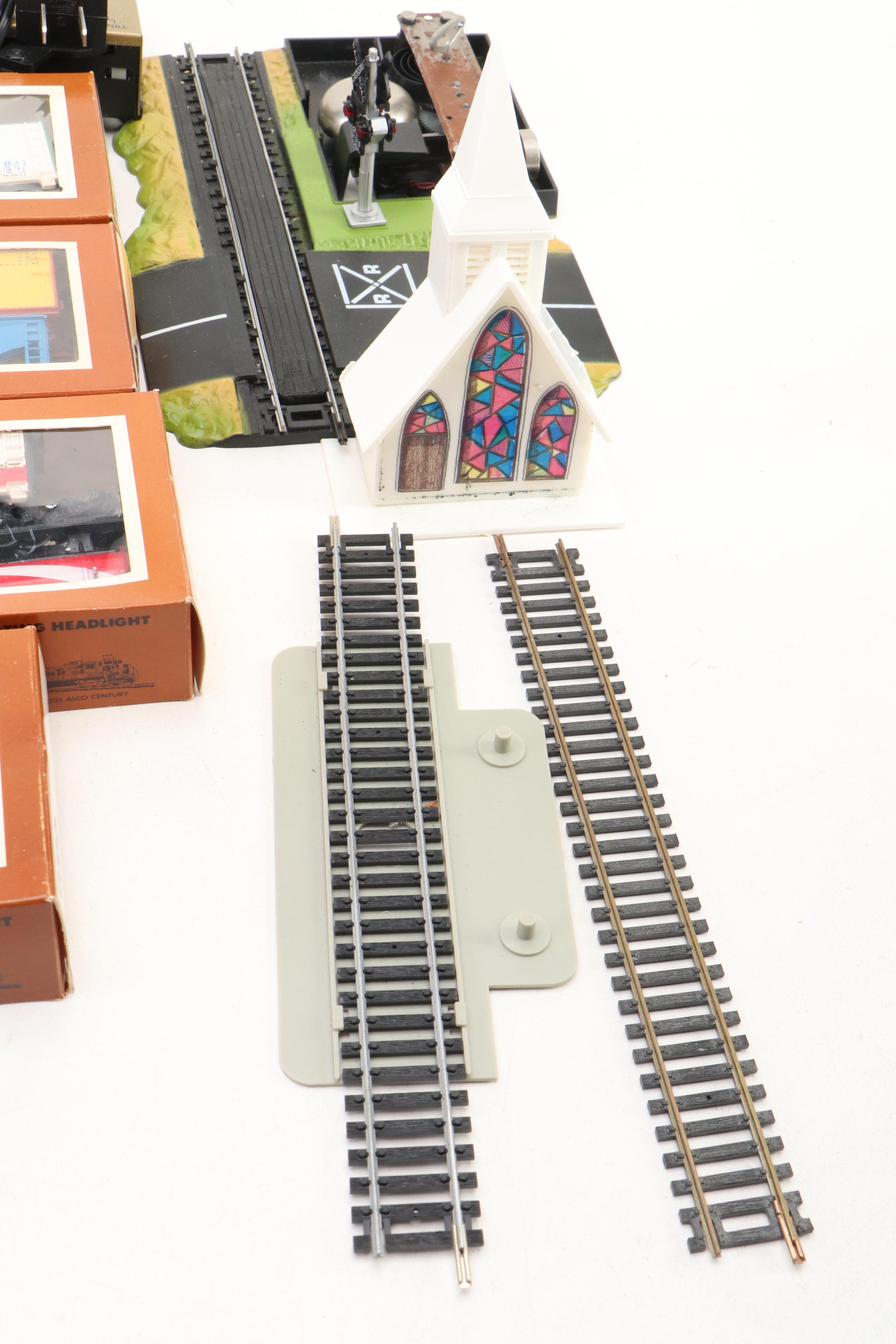 Tyco Train Cars with Tru-Steel Tracks and Buildings and Scenery