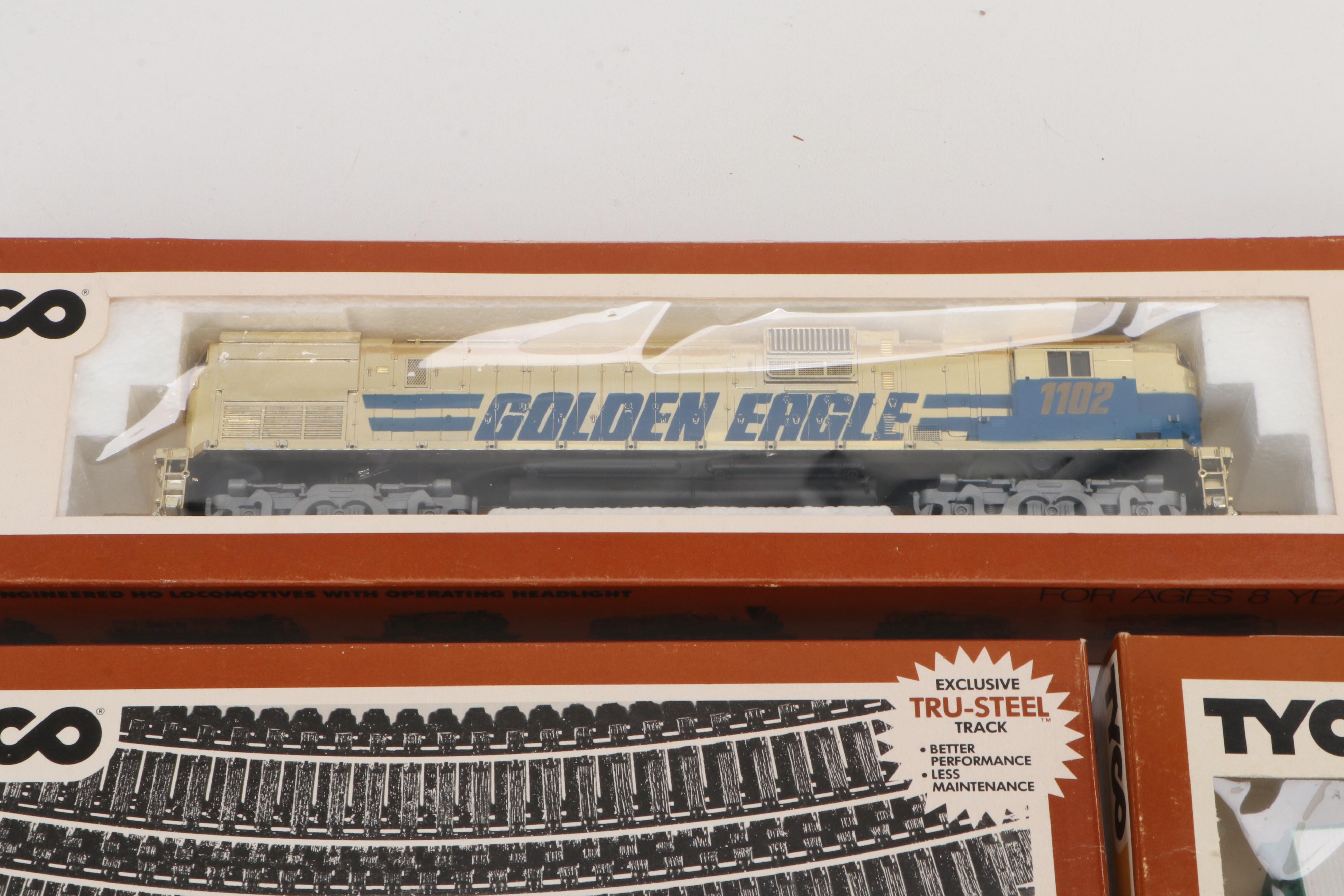 Tyco Train Cars with Tru-Steel Tracks and Buildings and Scenery
