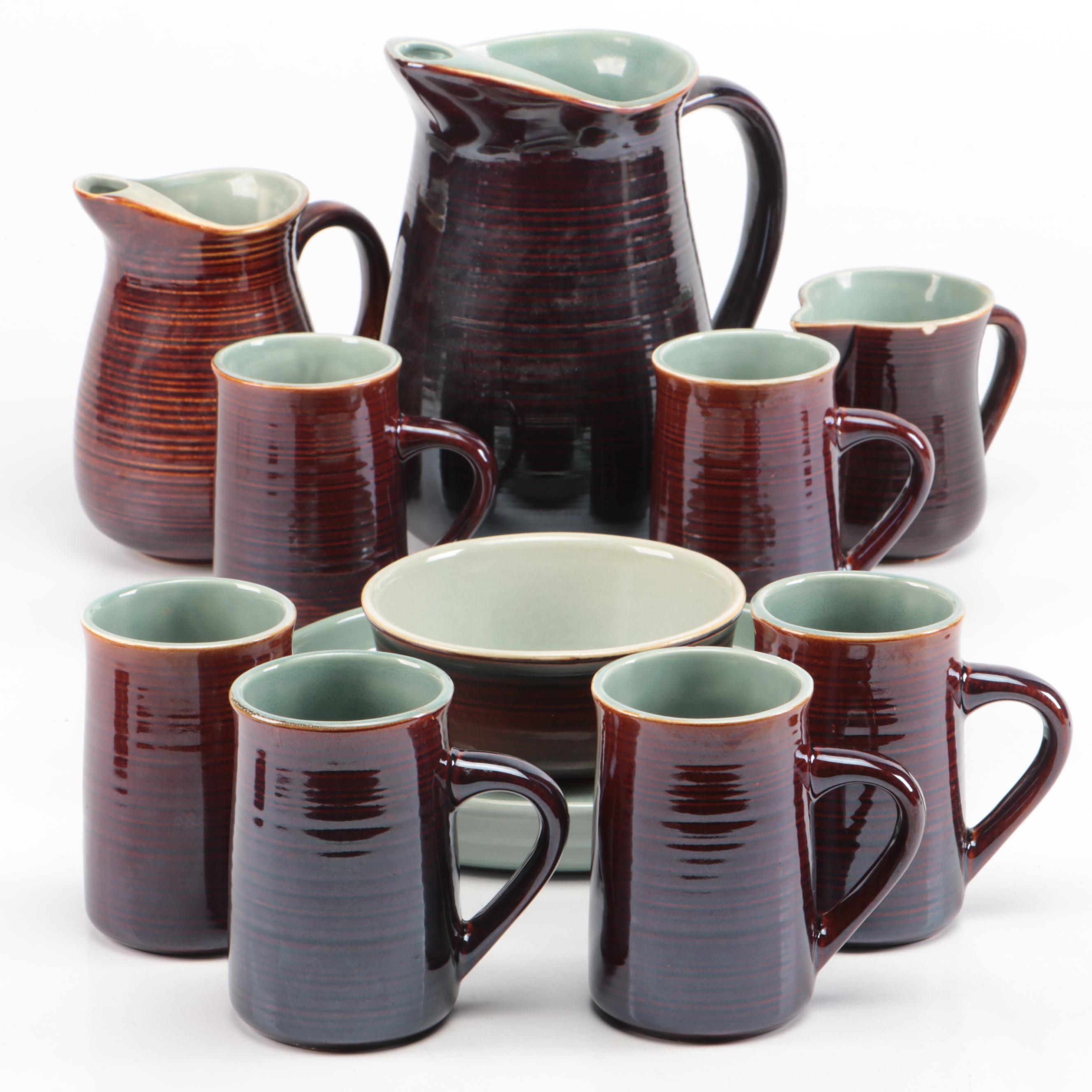 Red Wing Mid Century Modern Brown and Aqua Ring Tableware and Serving Pieces