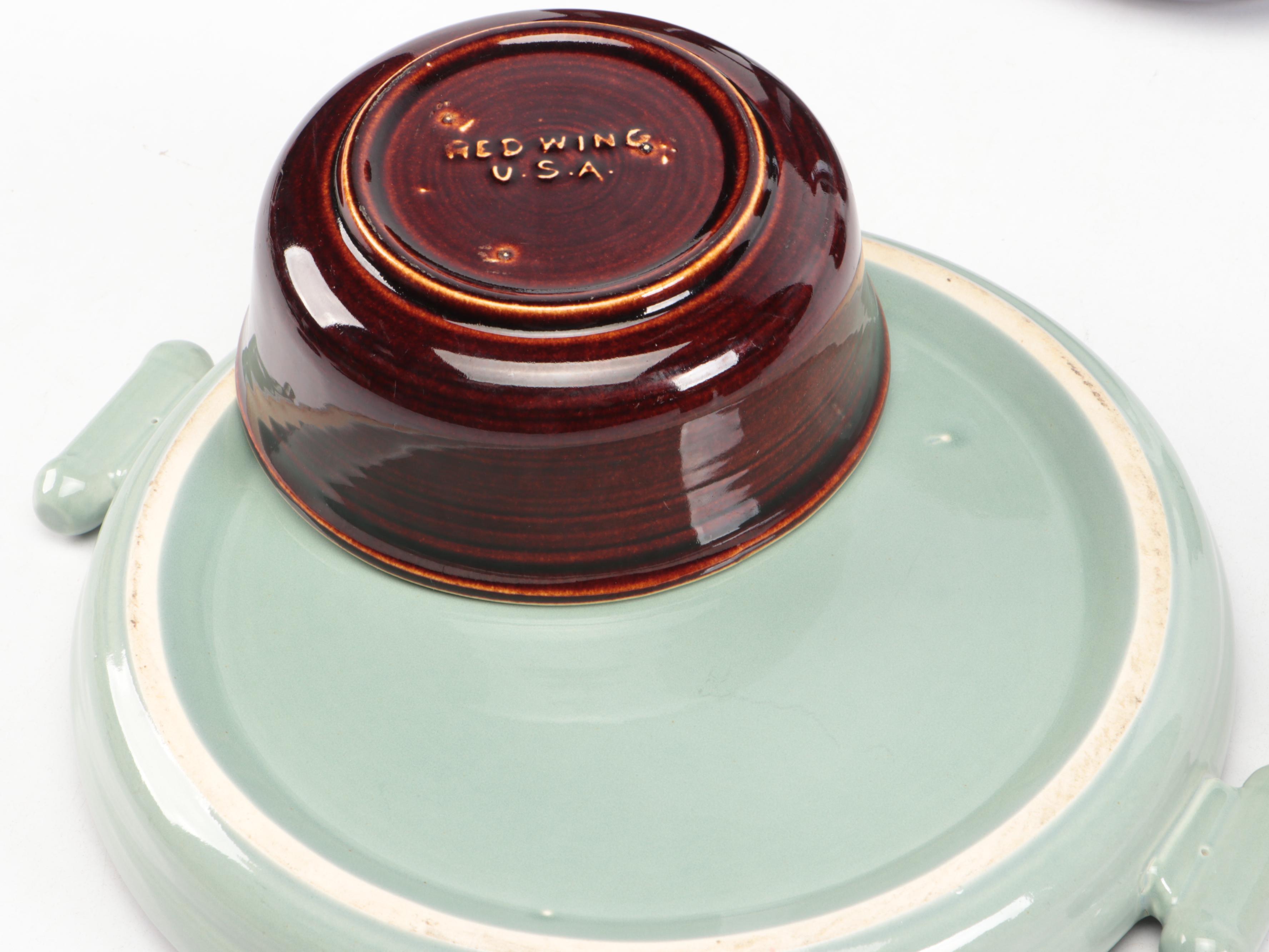 Red Wing Mid Century Modern Brown and Aqua Ring Tableware and Serving Pieces