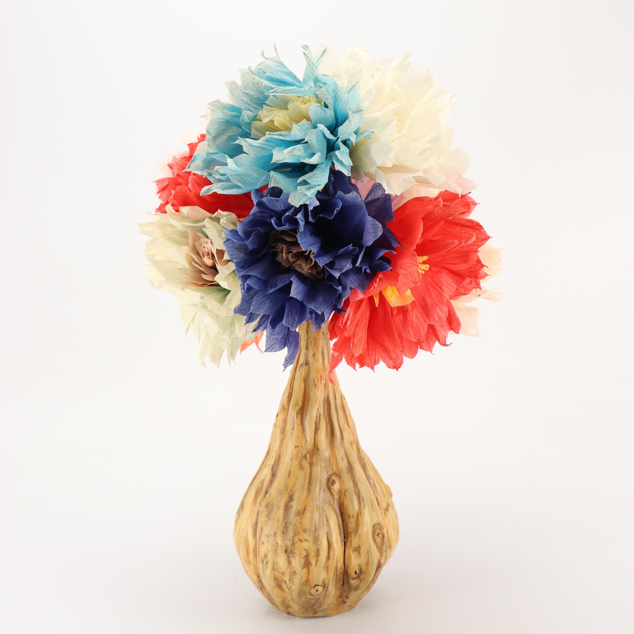 Ceramic Gourd Form Vase with Crepe Paper Flower Bouquet