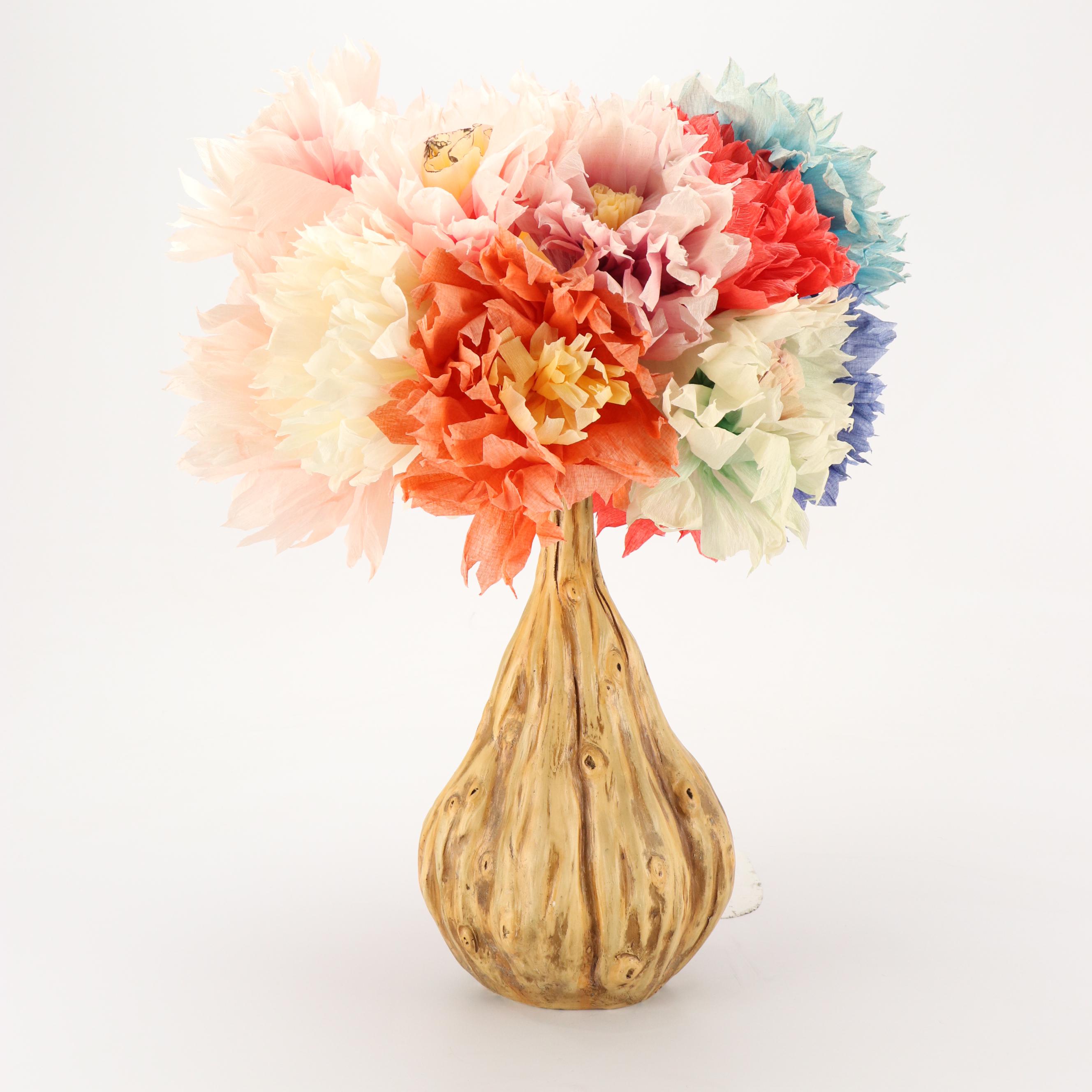Ceramic Gourd Form Vase with Crepe Paper Flower Bouquet
