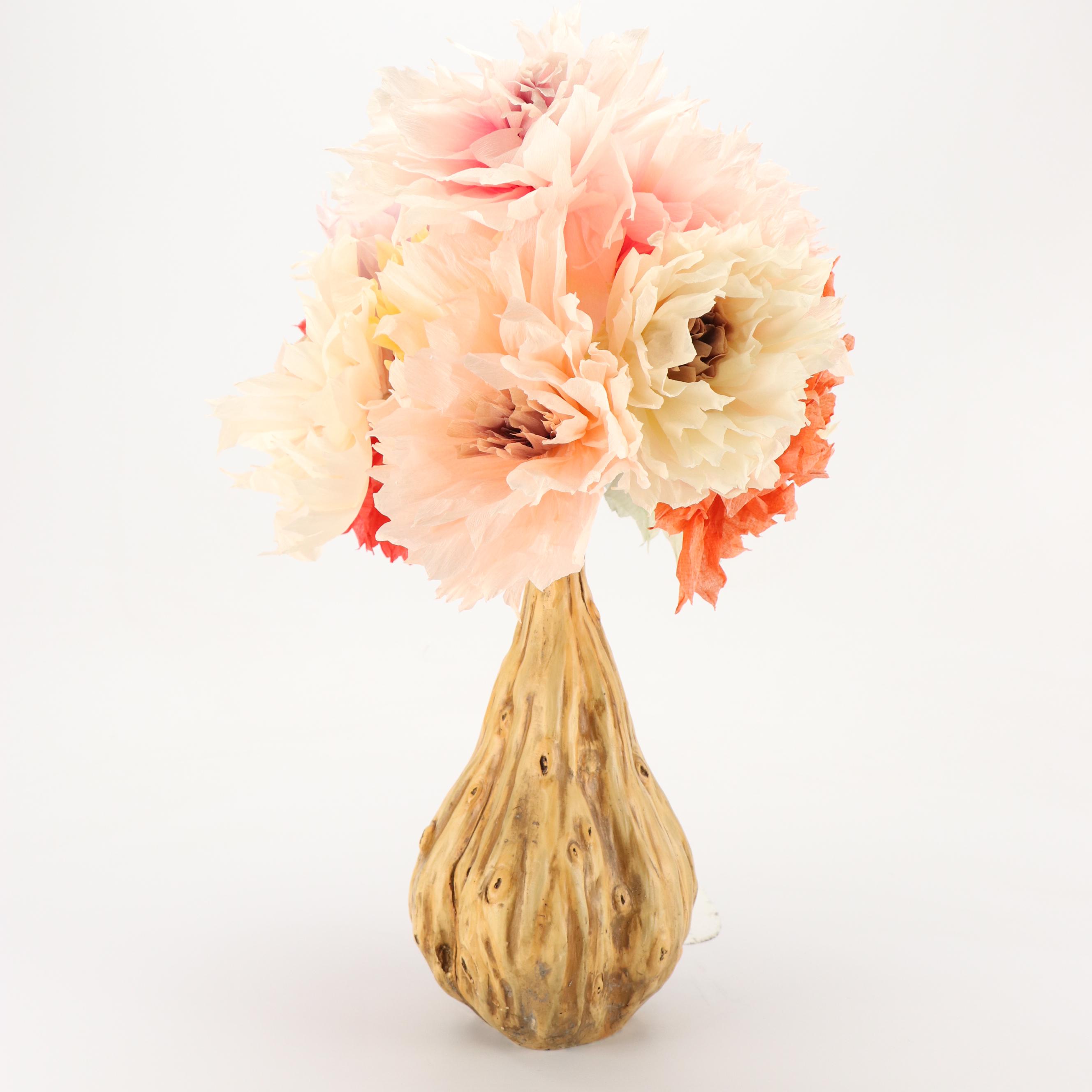 Ceramic Gourd Form Vase with Crepe Paper Flower Bouquet