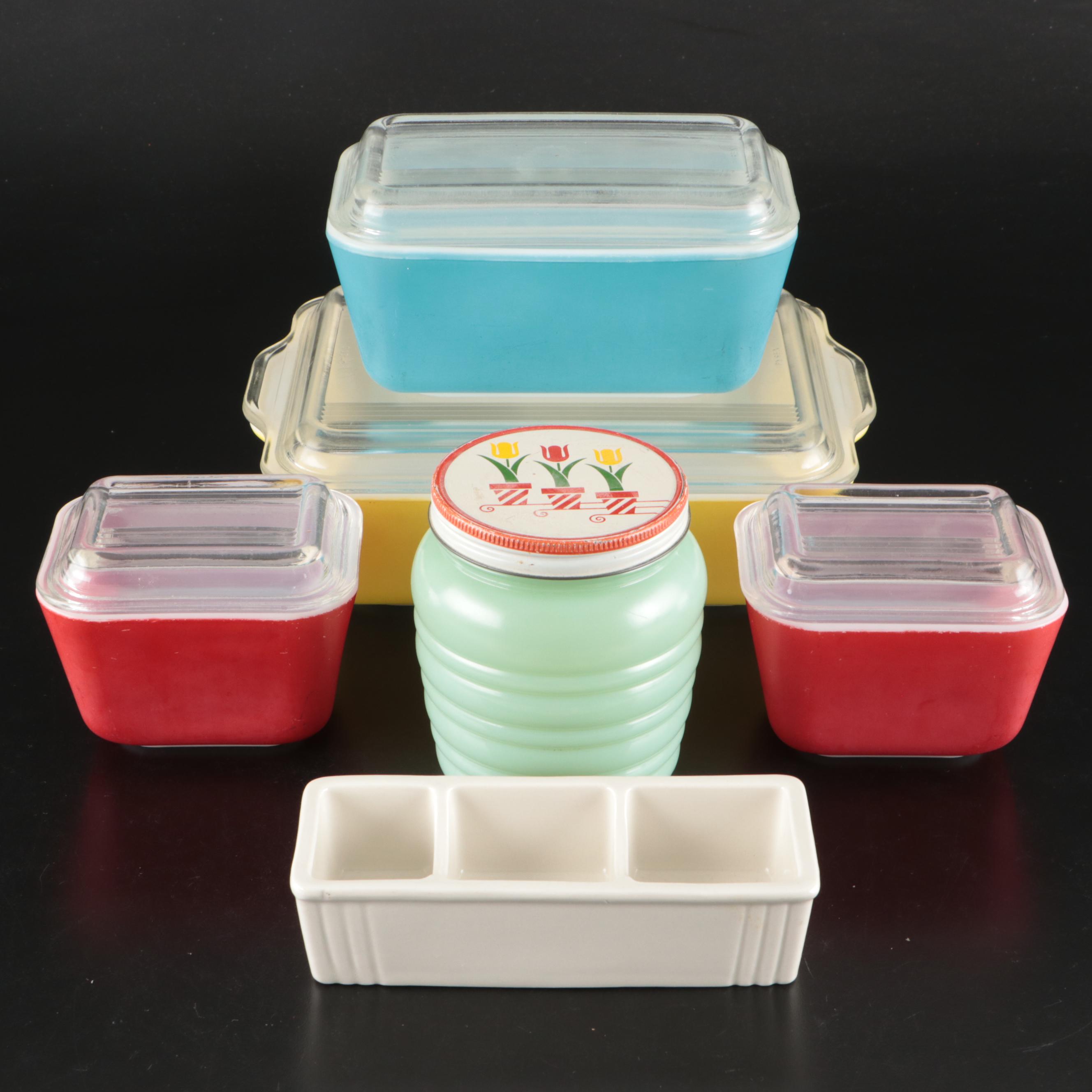 Pyrex Primary Color Glass Rectangular Bakers with Other Ceramic and Glass Ware