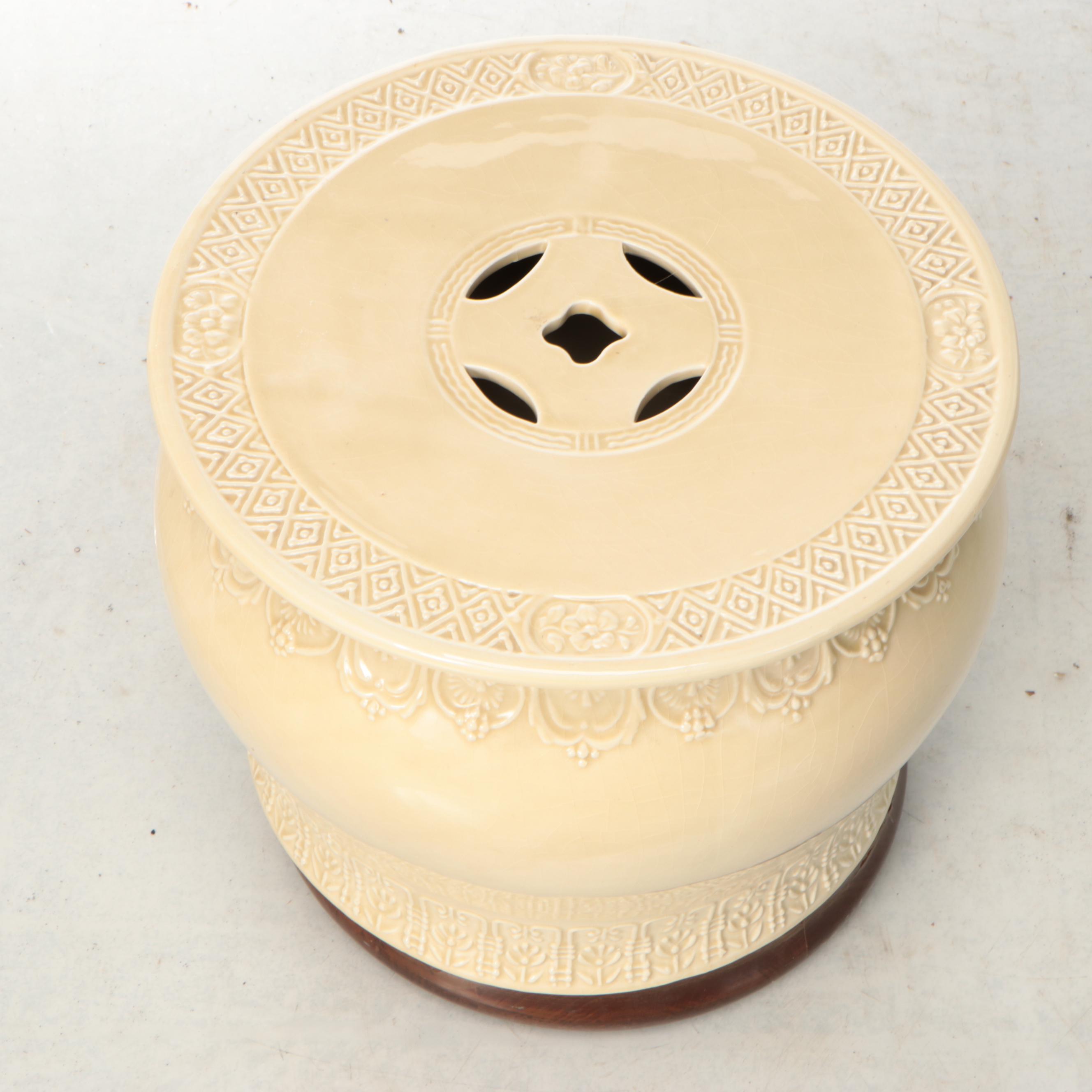 Chinese Porcelain Garden Stool with Wood Stand